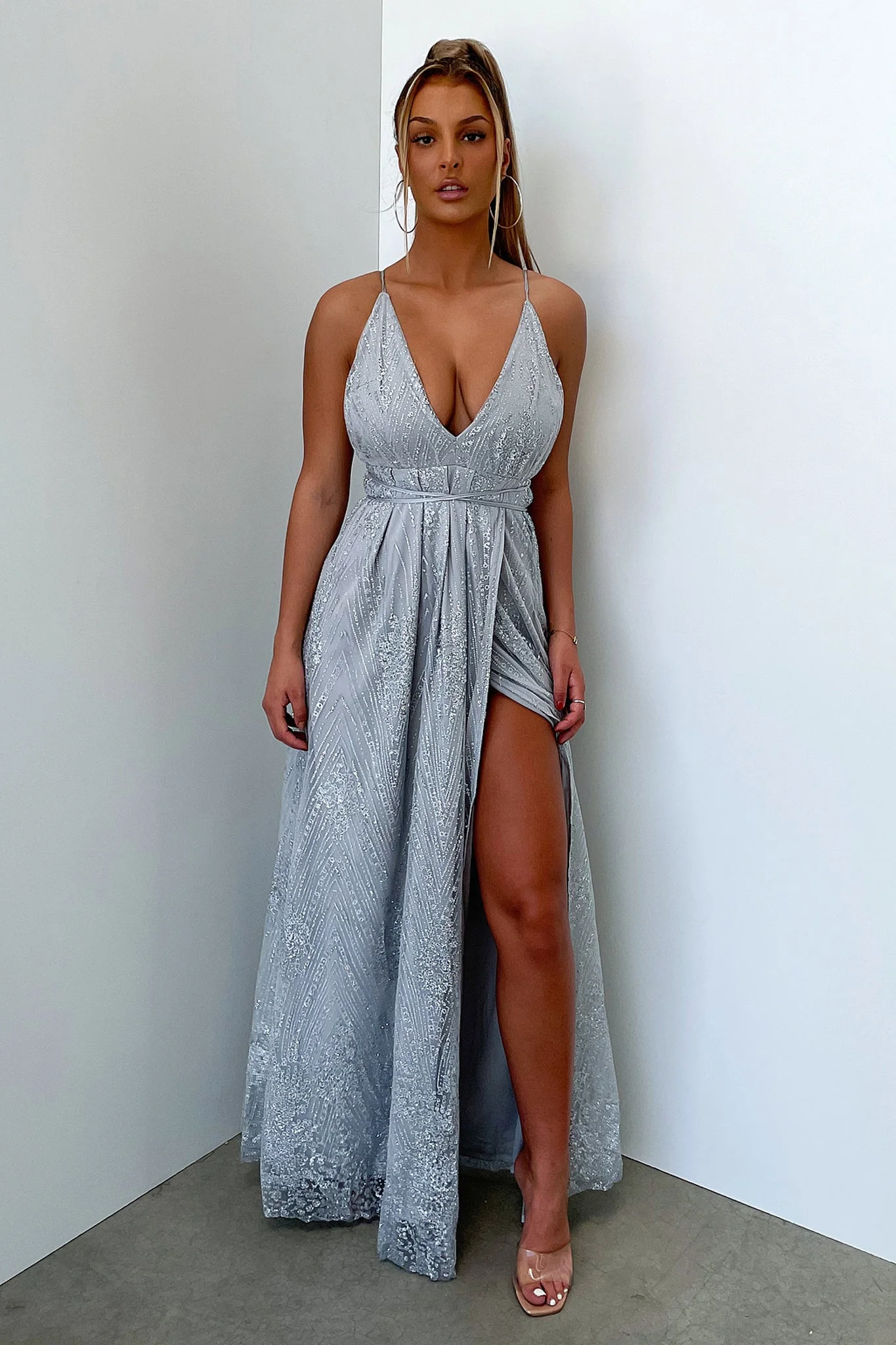 Scarlett Halter Maxi Dress - Silver Glitter