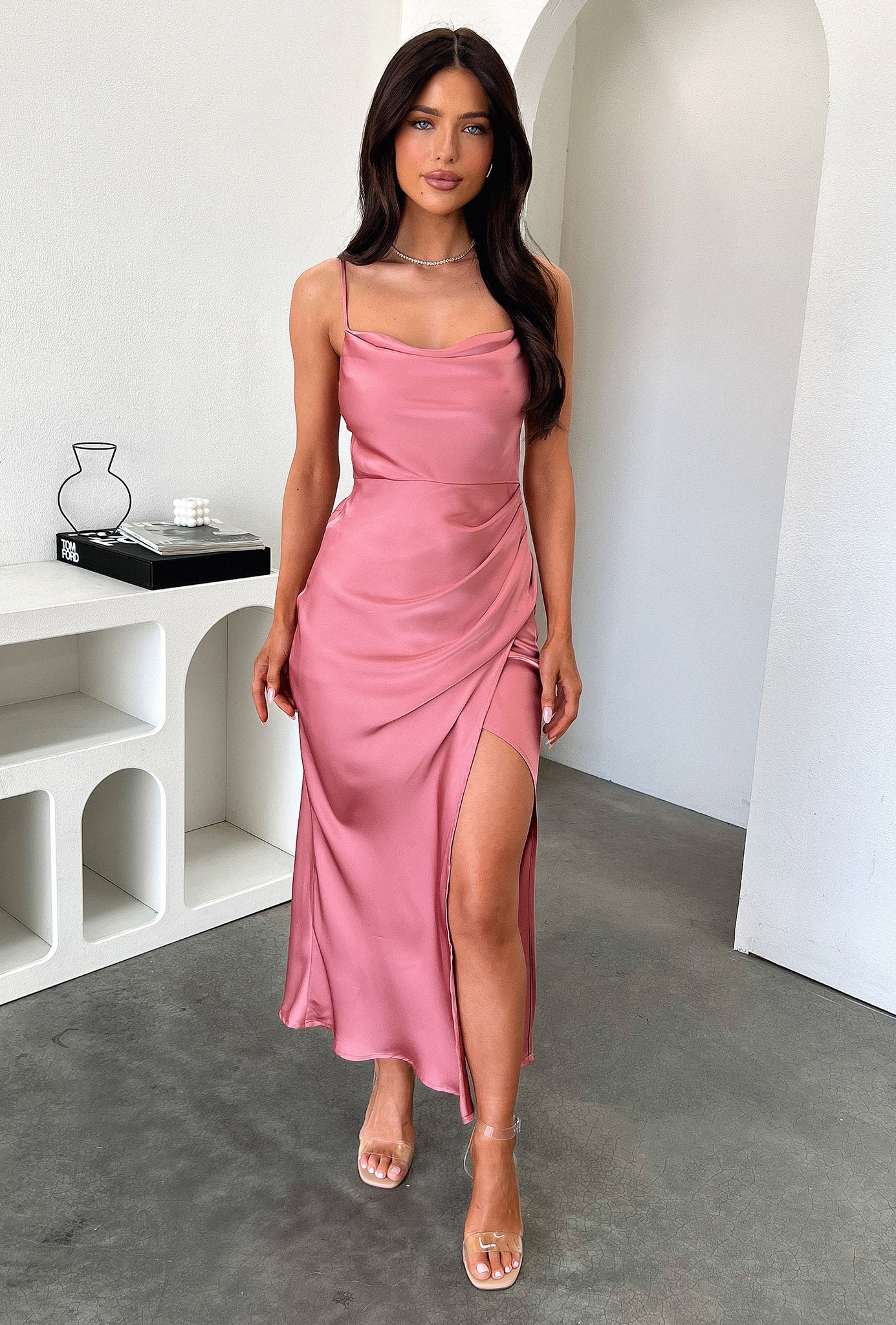 Evelyn Satin Cowl Neck Midi Dress - Rose