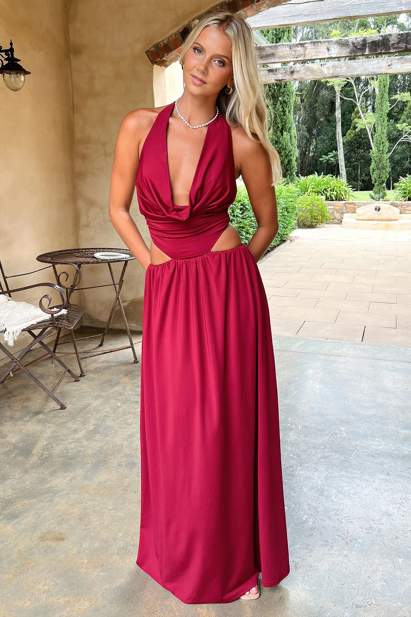 Soraya Plunge Halter Neck Maxi Dress - Burgundy