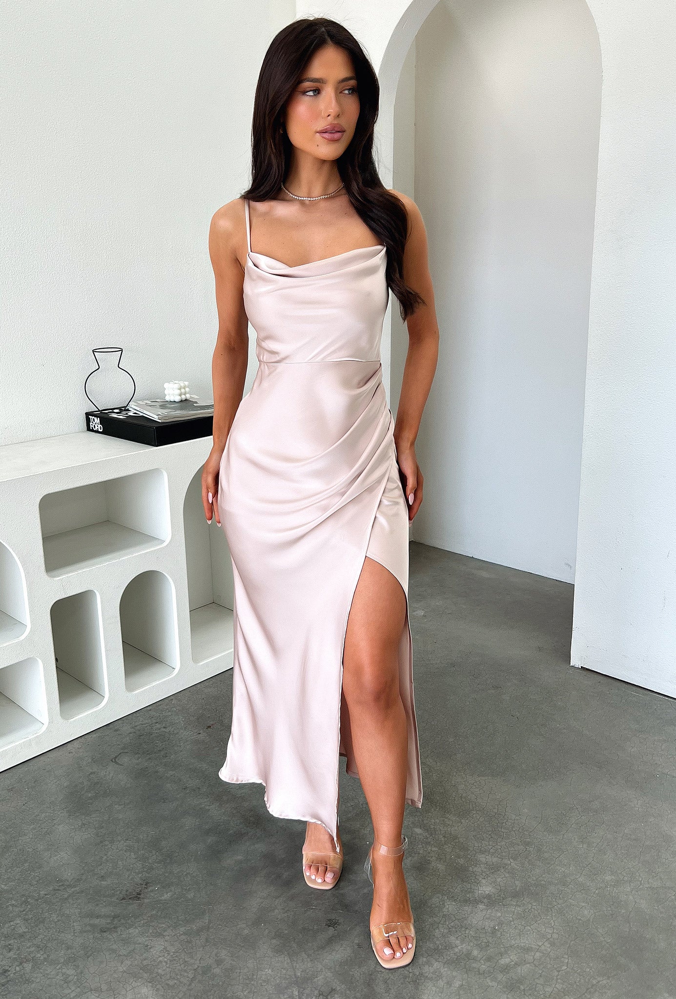 Evelyn Satin Cowl Neck Midi Dress - Champagne