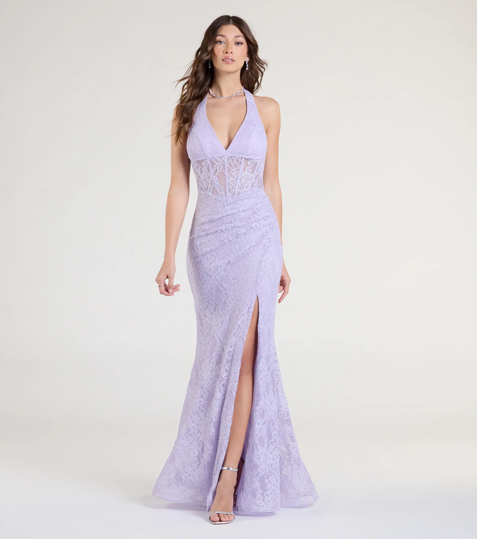 Cadie Halter Corset Slit Lace Formal Dress