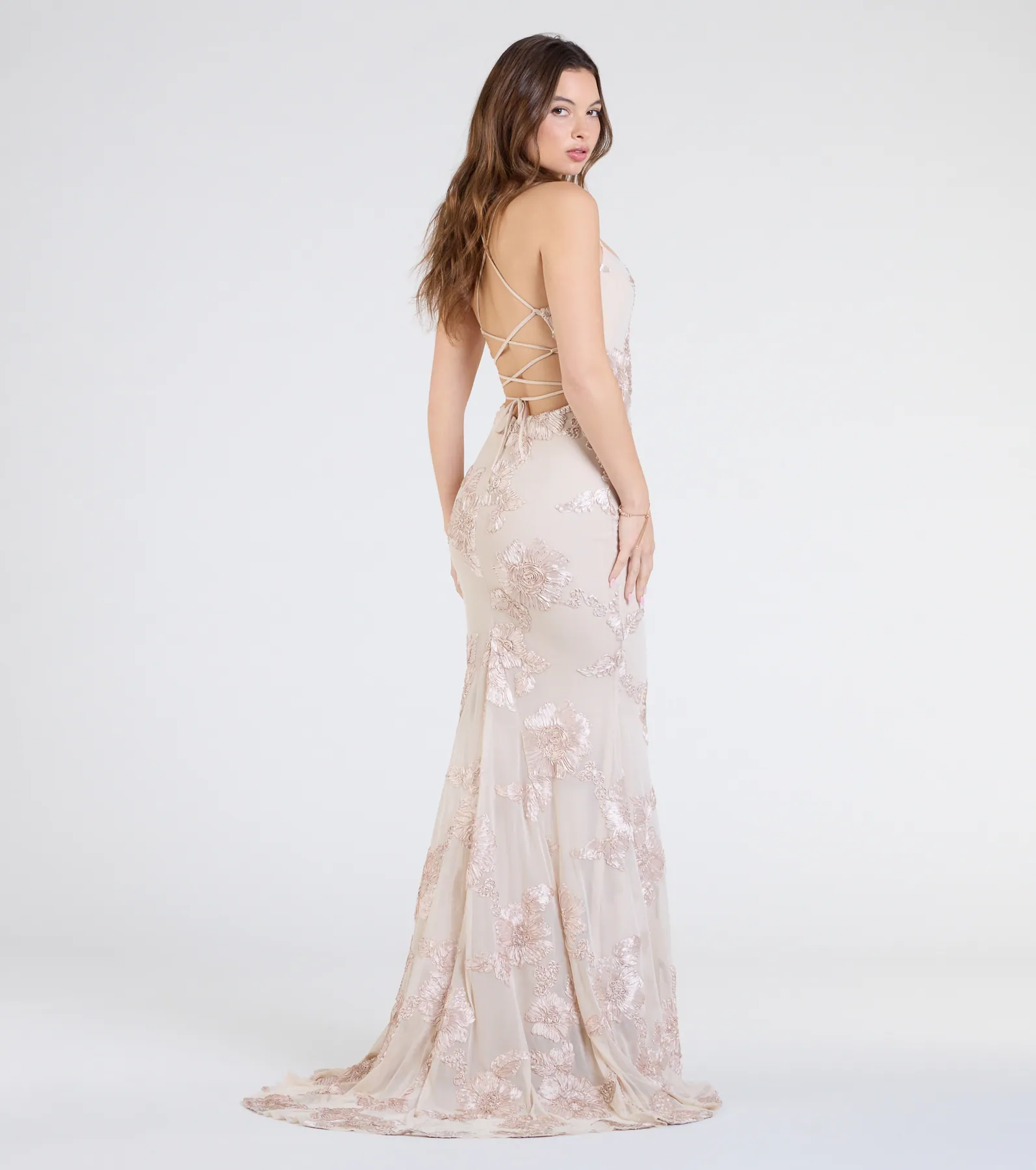 Gabi Lace-Up Floral Trim Mermaid Formal Dress