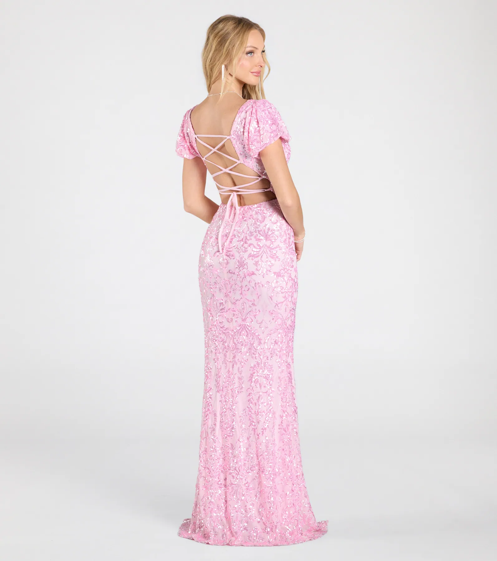 Amber Puff Sleeve Lace-Up Slit Sequin Formal Dress