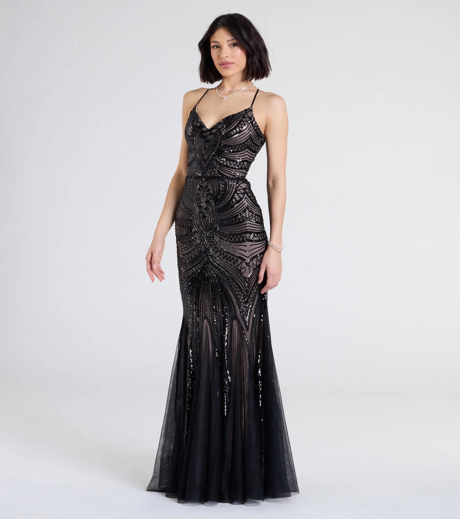 Brooke Lace-Up Mermaid Sequin Mesh Formal Dress