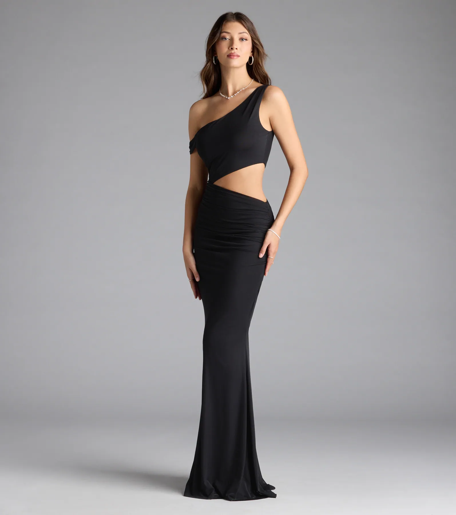 Idella One-Shoulder Cutout Mesh Formal Dress