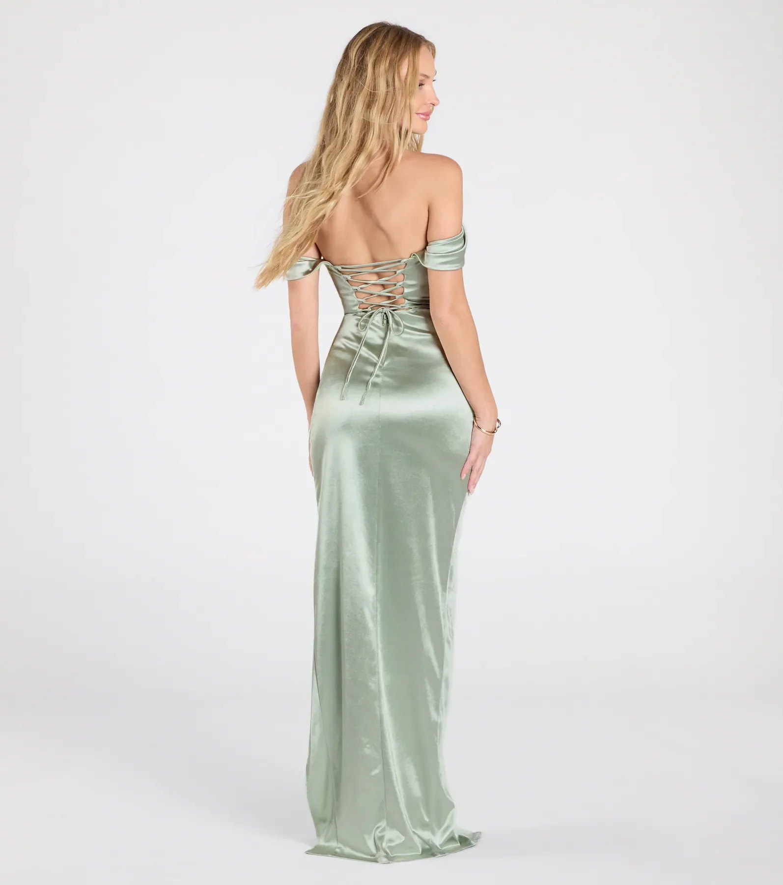 Phoebe Off-The-Shoulder Lace-Up Satin Formal Dress