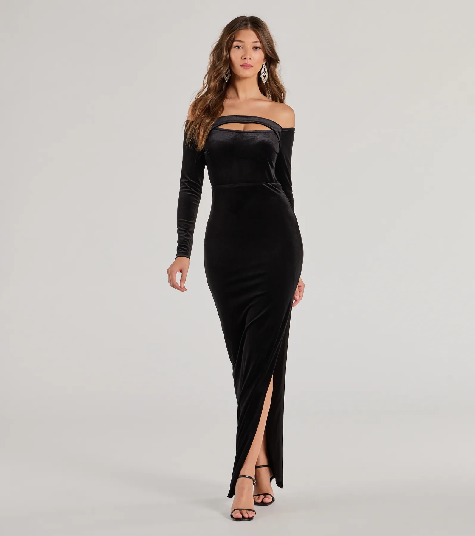 Rosalyn Velvet Off-The Shoulder Long Sleeve Column Dress