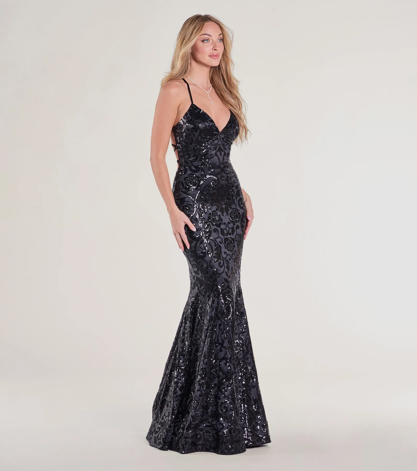 Saskia Lace-Up Mermaid Sequin Satin Formal Dress