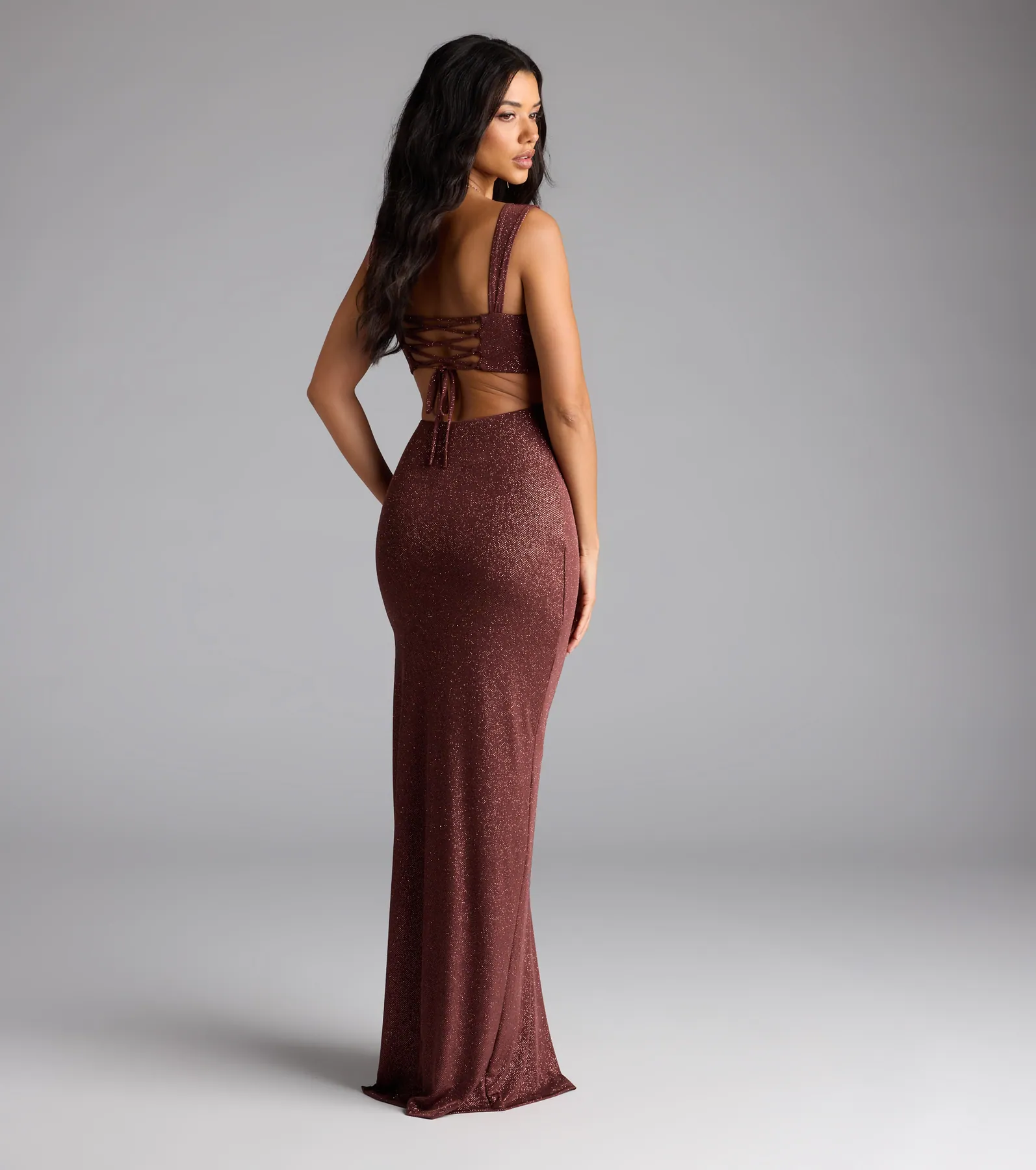 Brittney Lace-Up Slit Bodycon Glitter Formal Dress