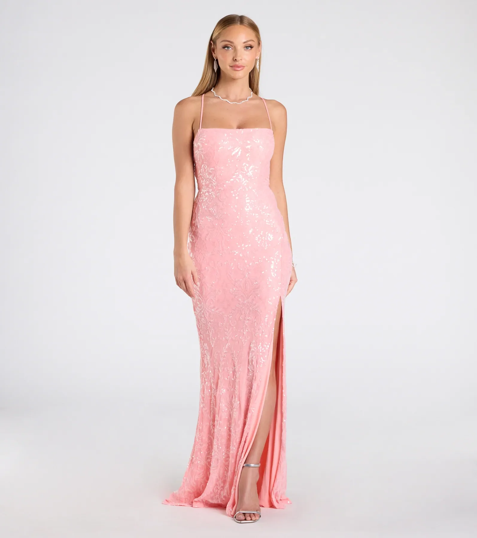Mariah Lace-Up Slit Sequin Formal Dress