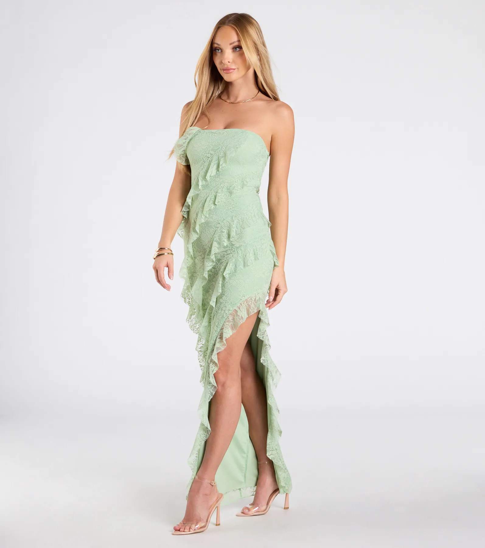 Ellie Ruffled Lace High Slit Formal Dress