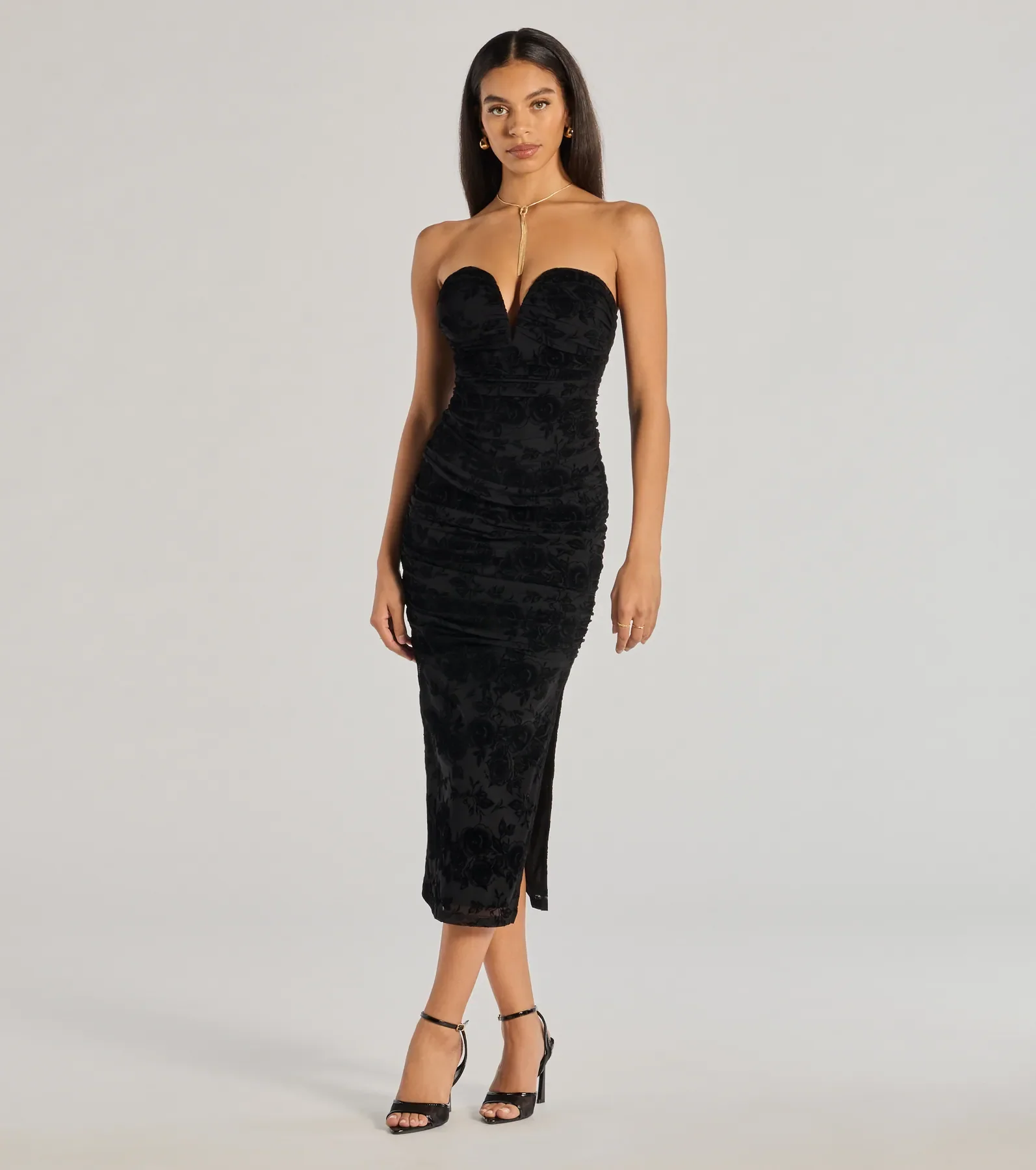 Destiny Strapless Velvet Mesh Midi Dress