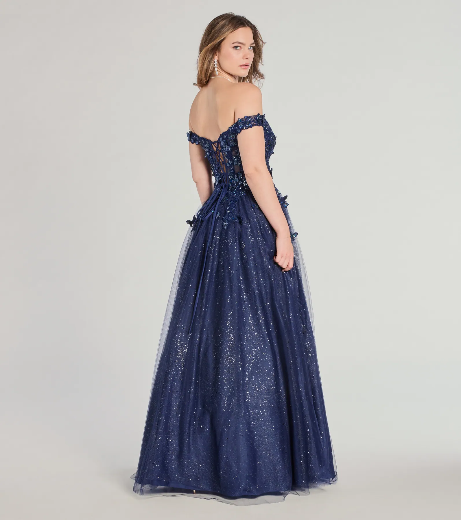Sofia Off-The-Shoulder Corset Lace-Up Glitter Ball Gown