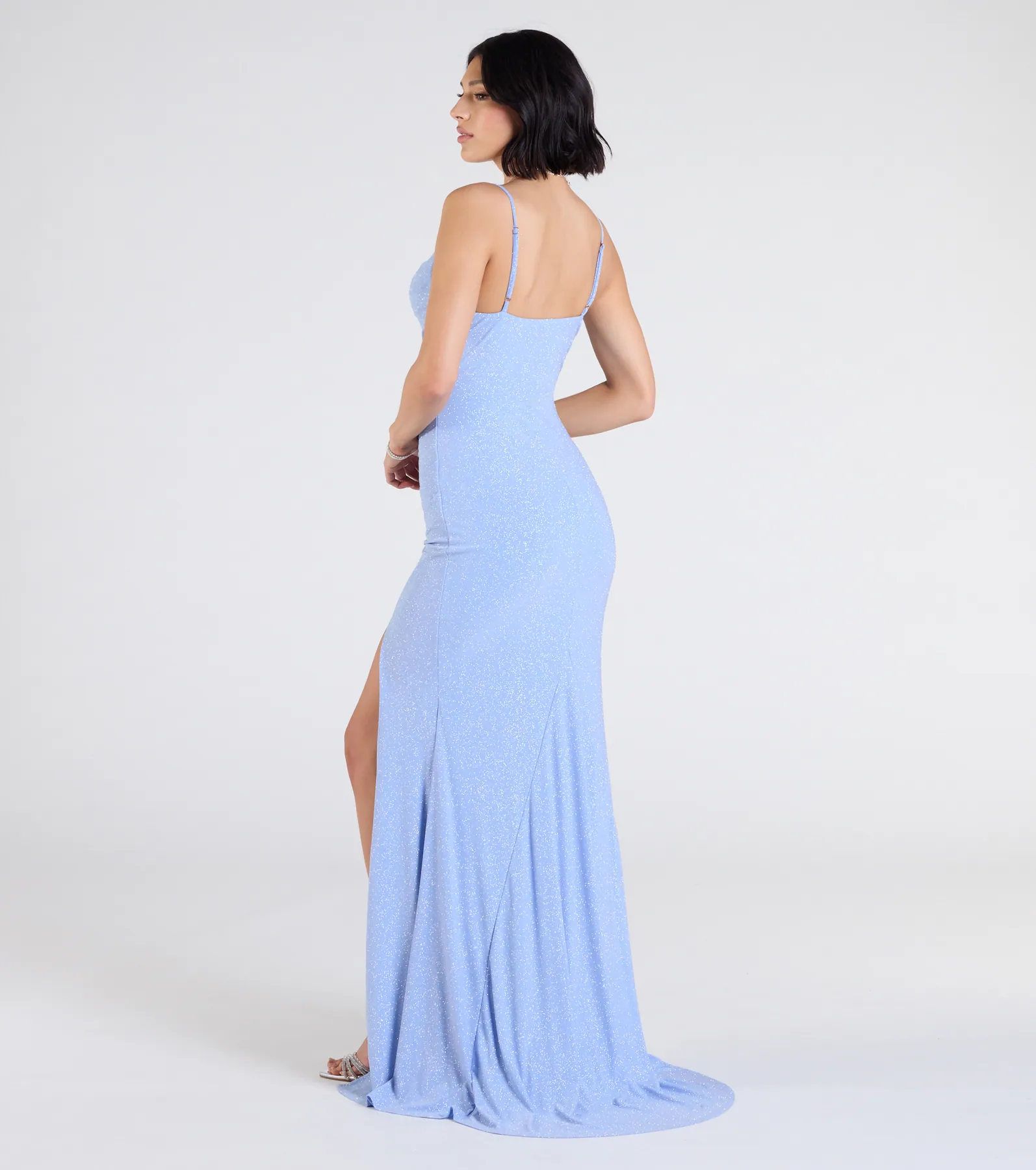 Madison Cowl Neck Slit Glitter Formal Dress