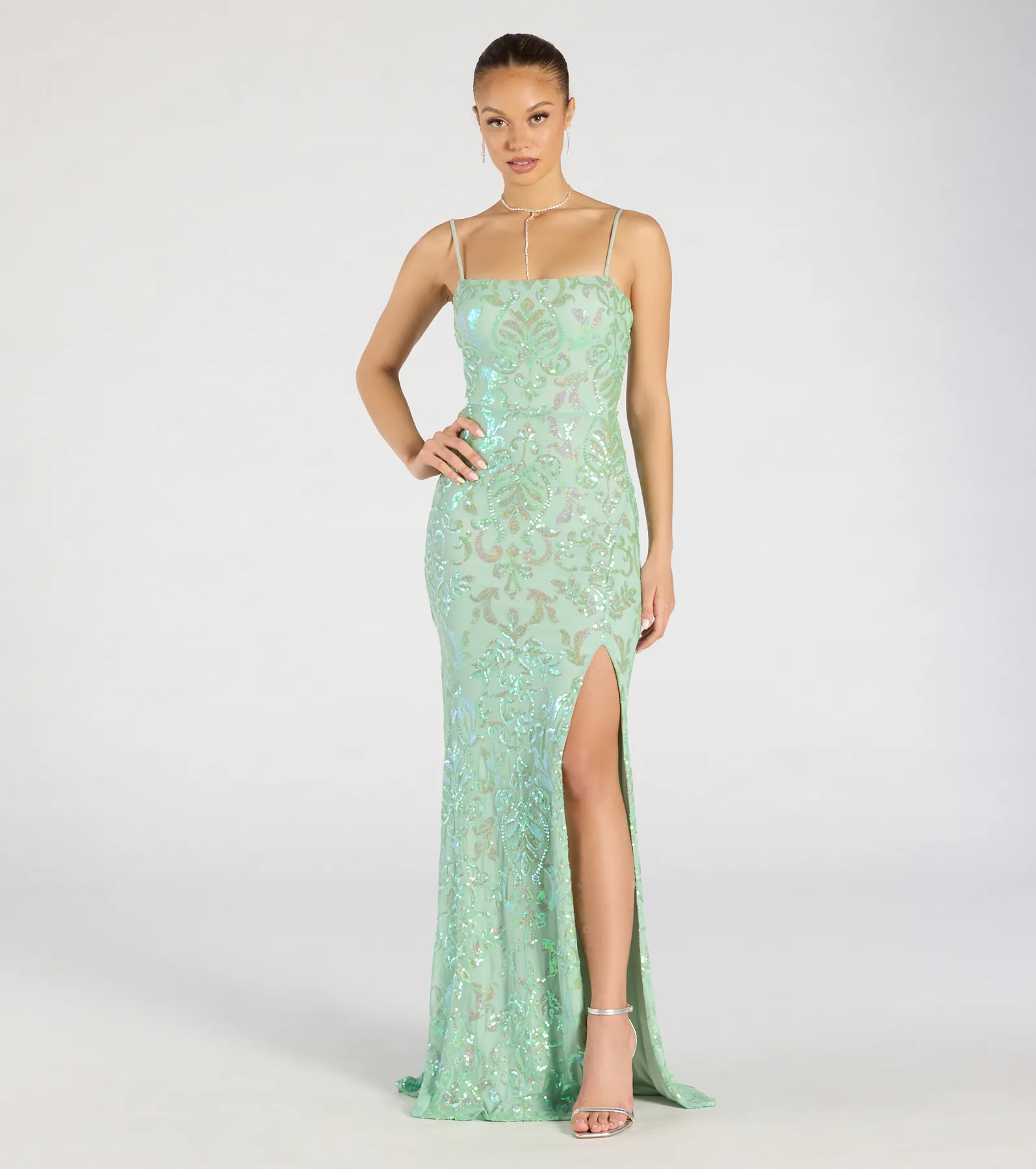 Celina Sequin Lace-Up High Slit Mermaid Dress