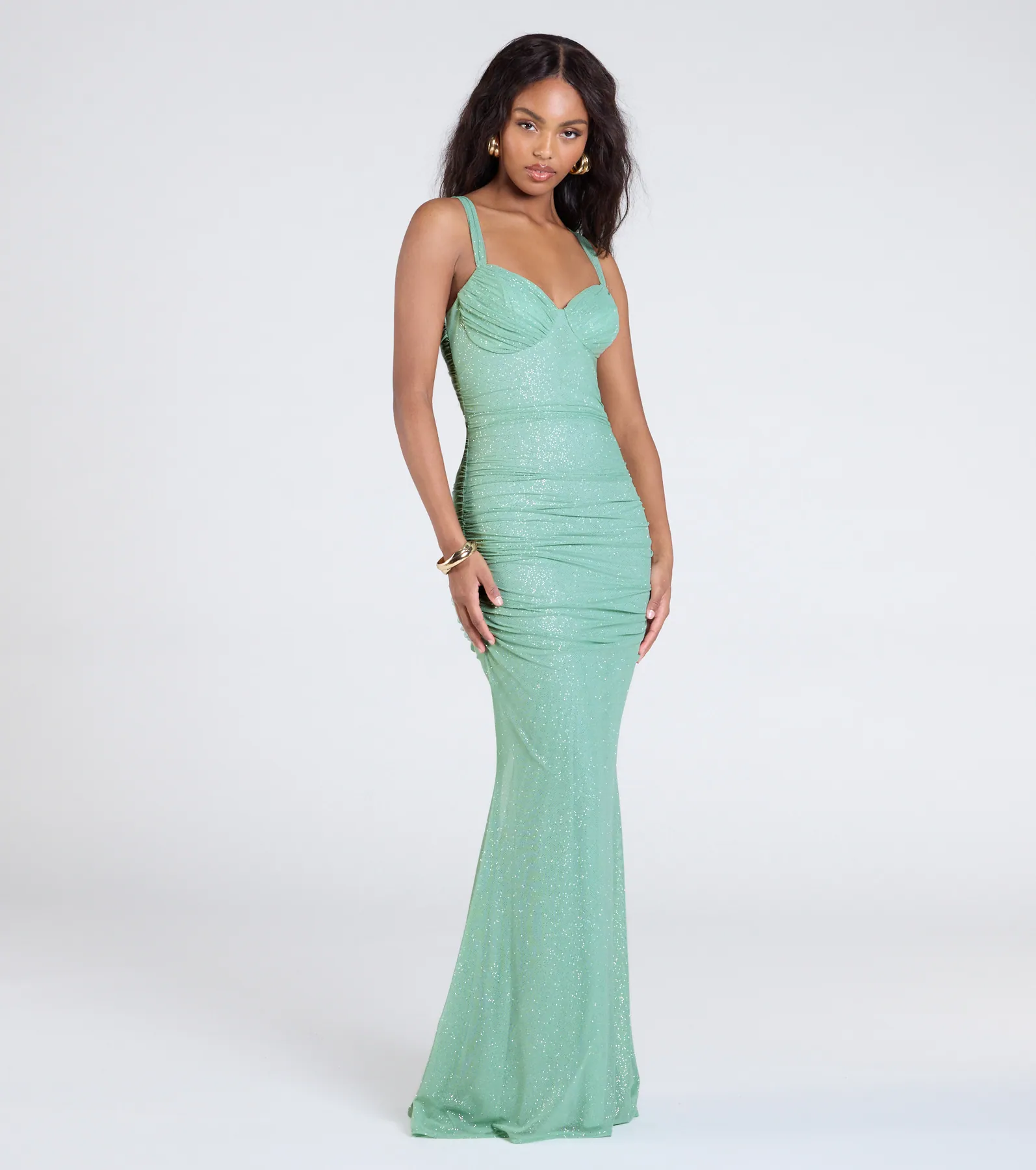 Jenna Lace-Up Ruched Mermaid Glitter Formal Dress