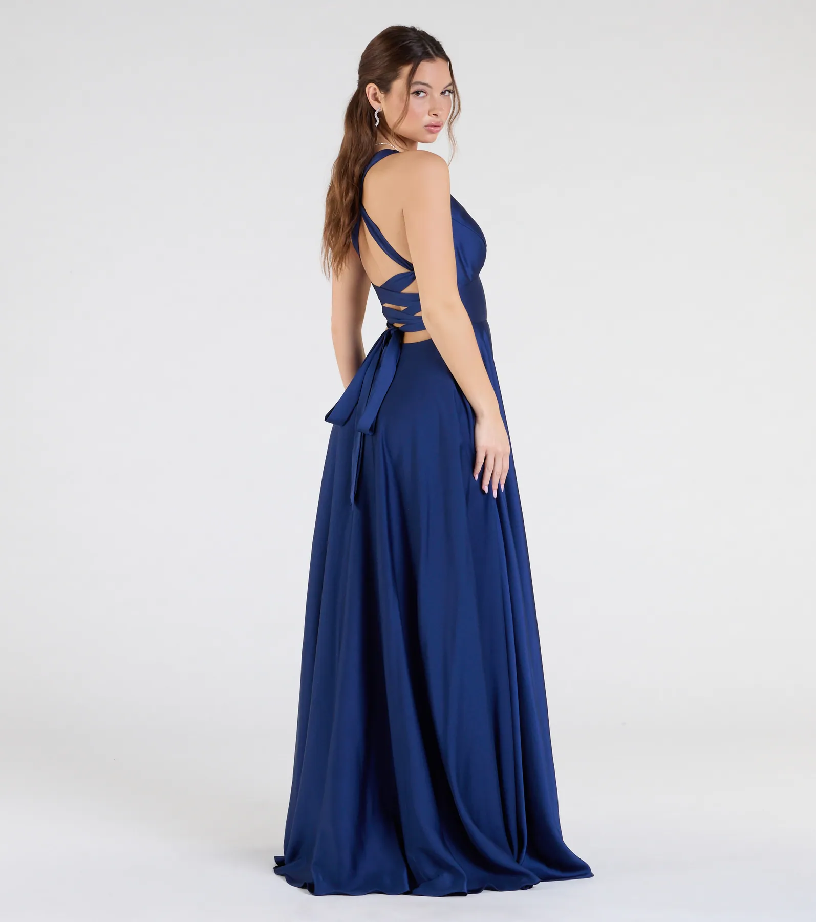 Abbey Lace-Up Slit A-Line Satin Formal Dress