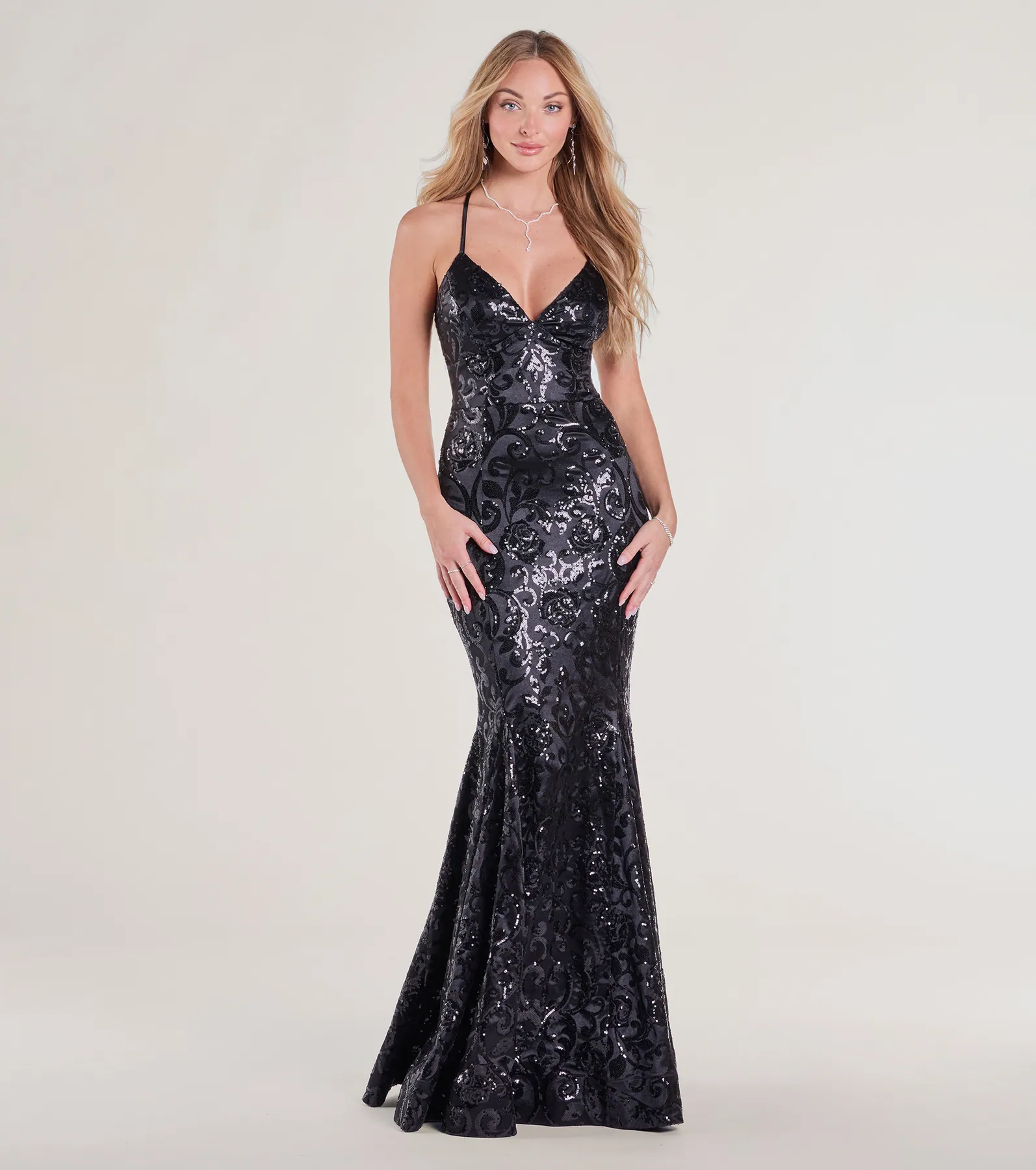 Saskia Lace-Up Mermaid Sequin Satin Formal Dress