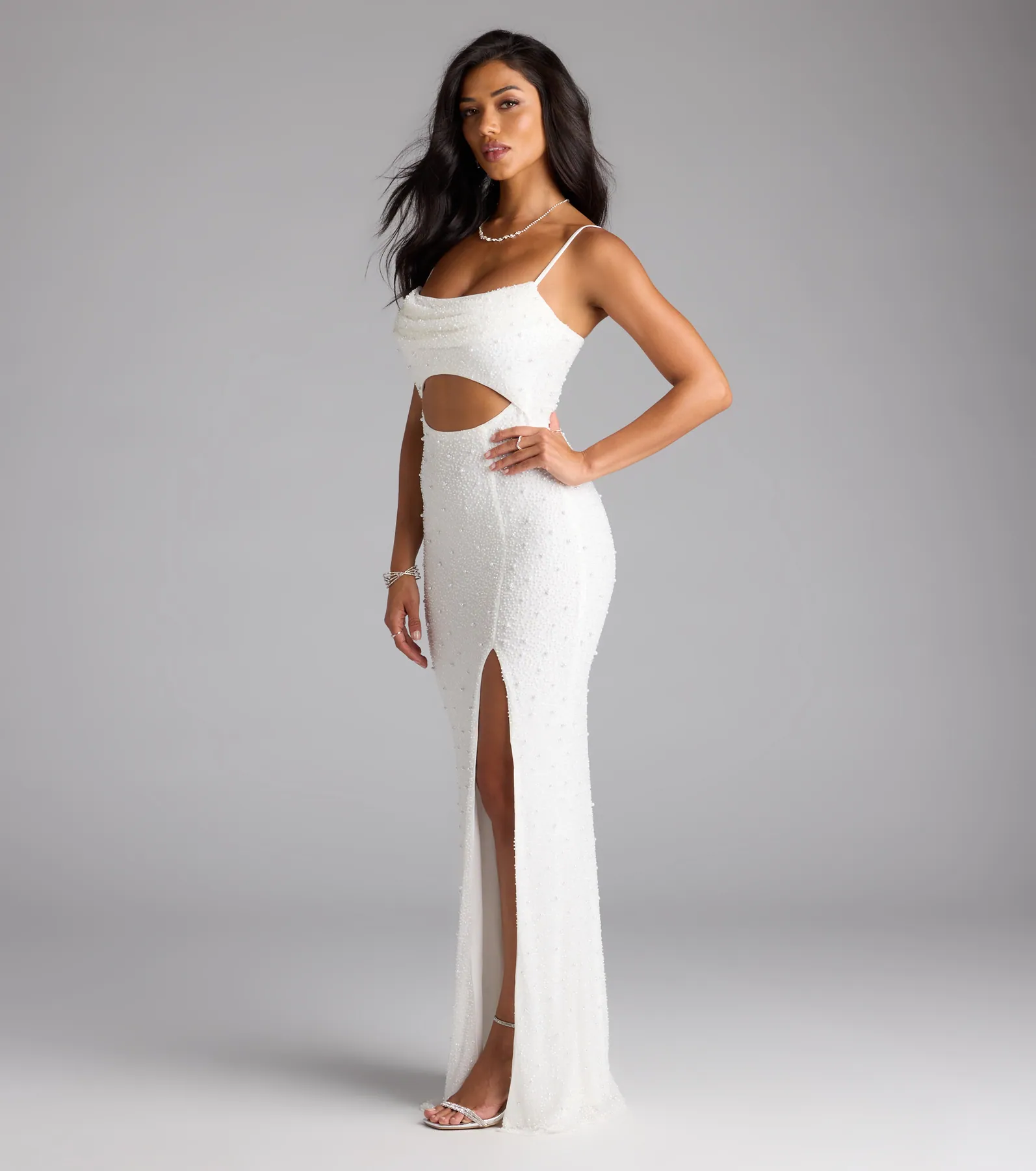 Marine Cutout Slit Mermaid Beaded Formal Dress