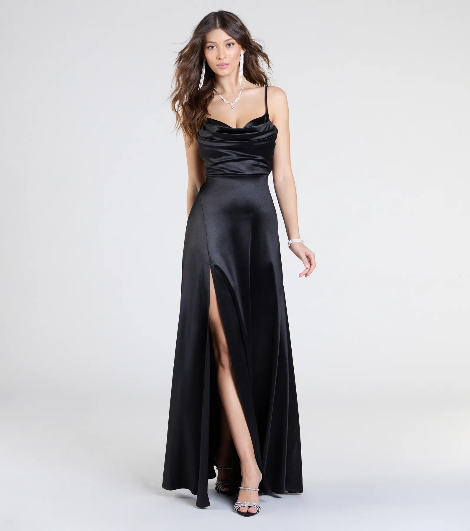 Steffanie Tie Back Slit A-Line Satin Formal Dress