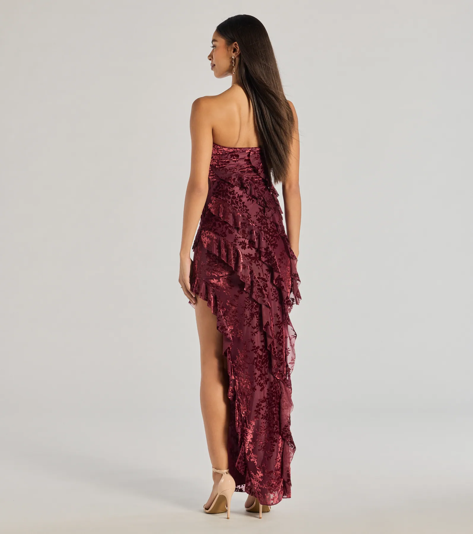 Brie Strapless Ruffled Slit Column Dress