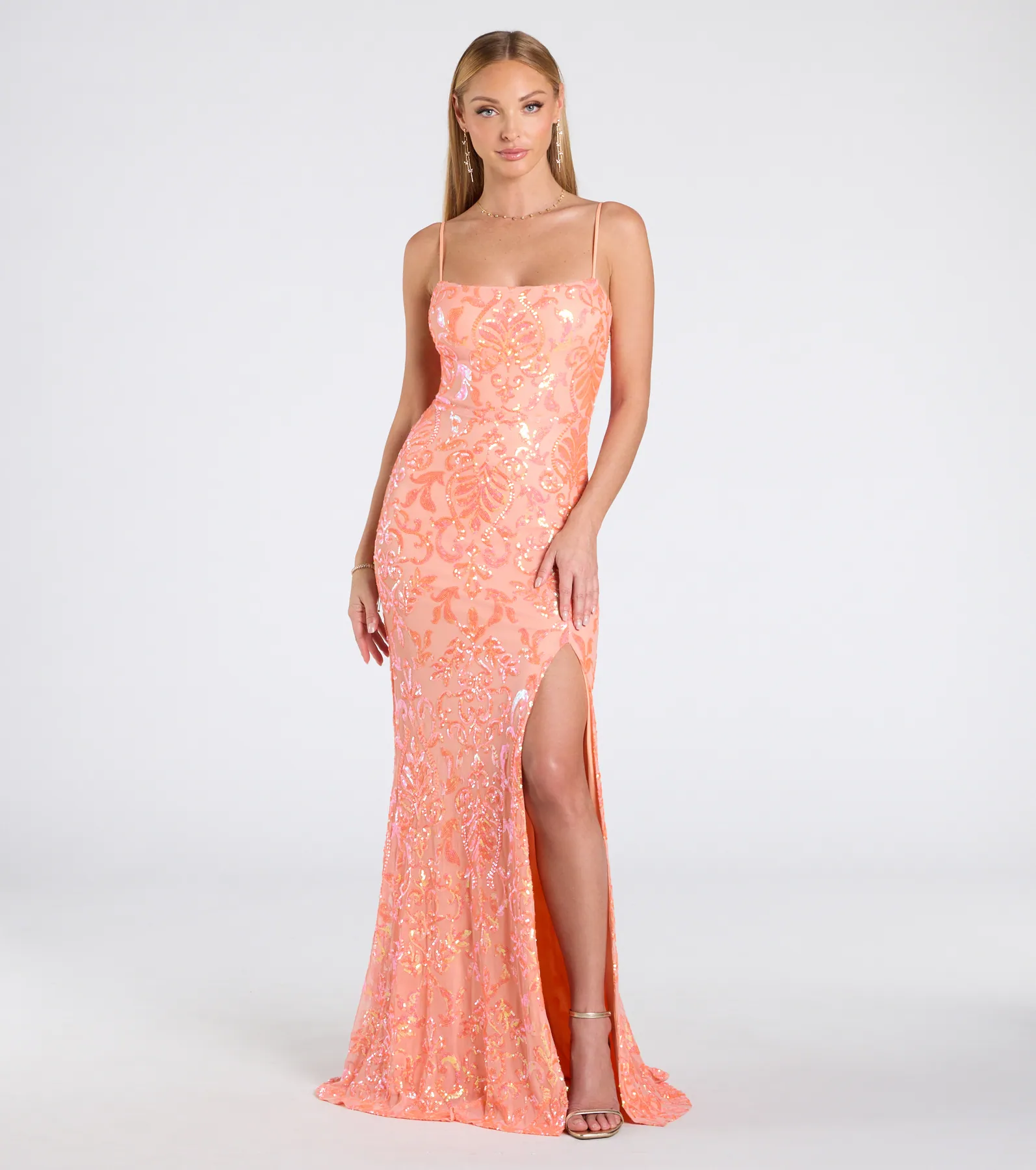 Celina Sequin Lace-Up High Slit Mermaid Dress