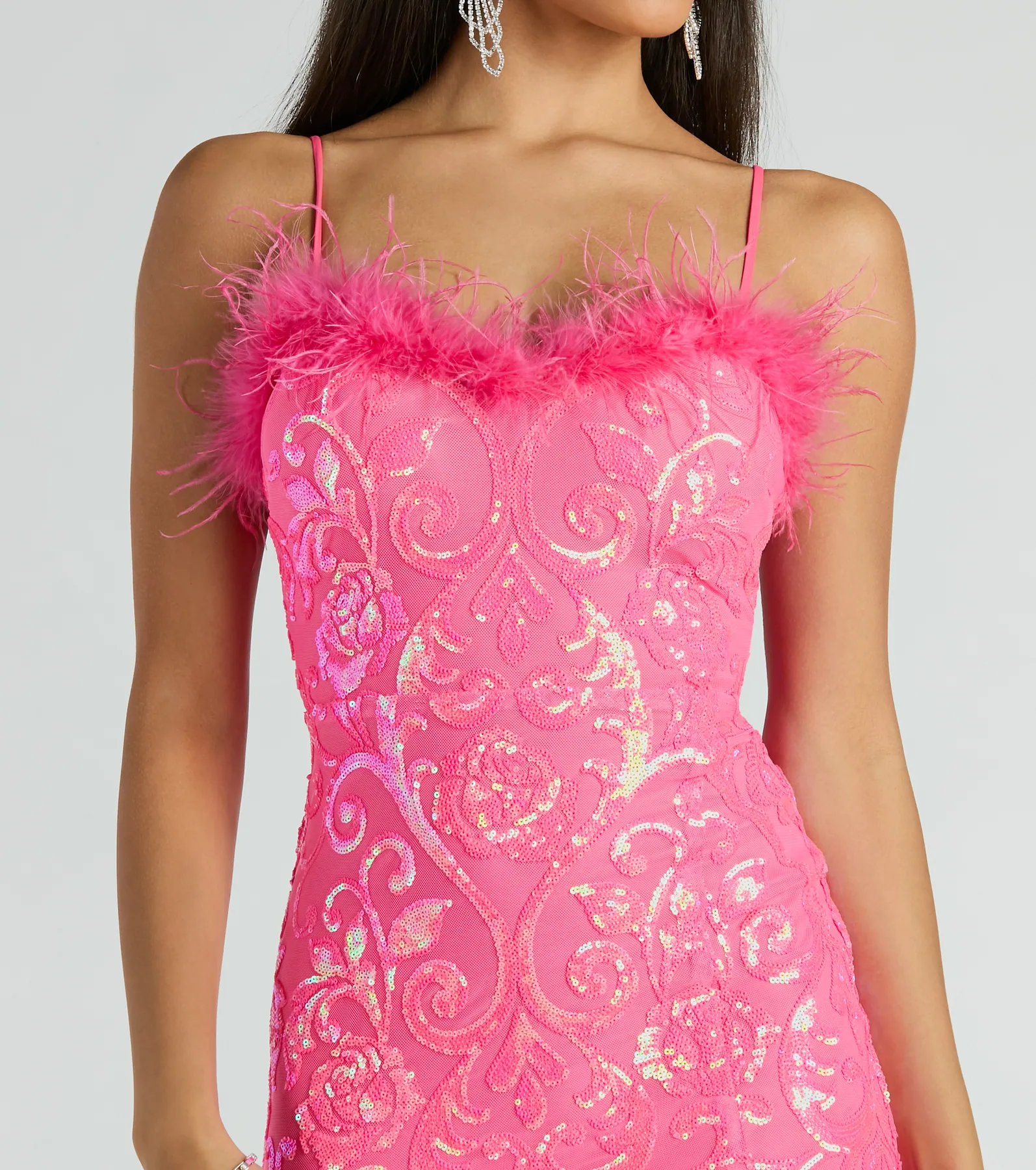 Cara Marabou Trim Mermaid Slit Sequin Formal Dress