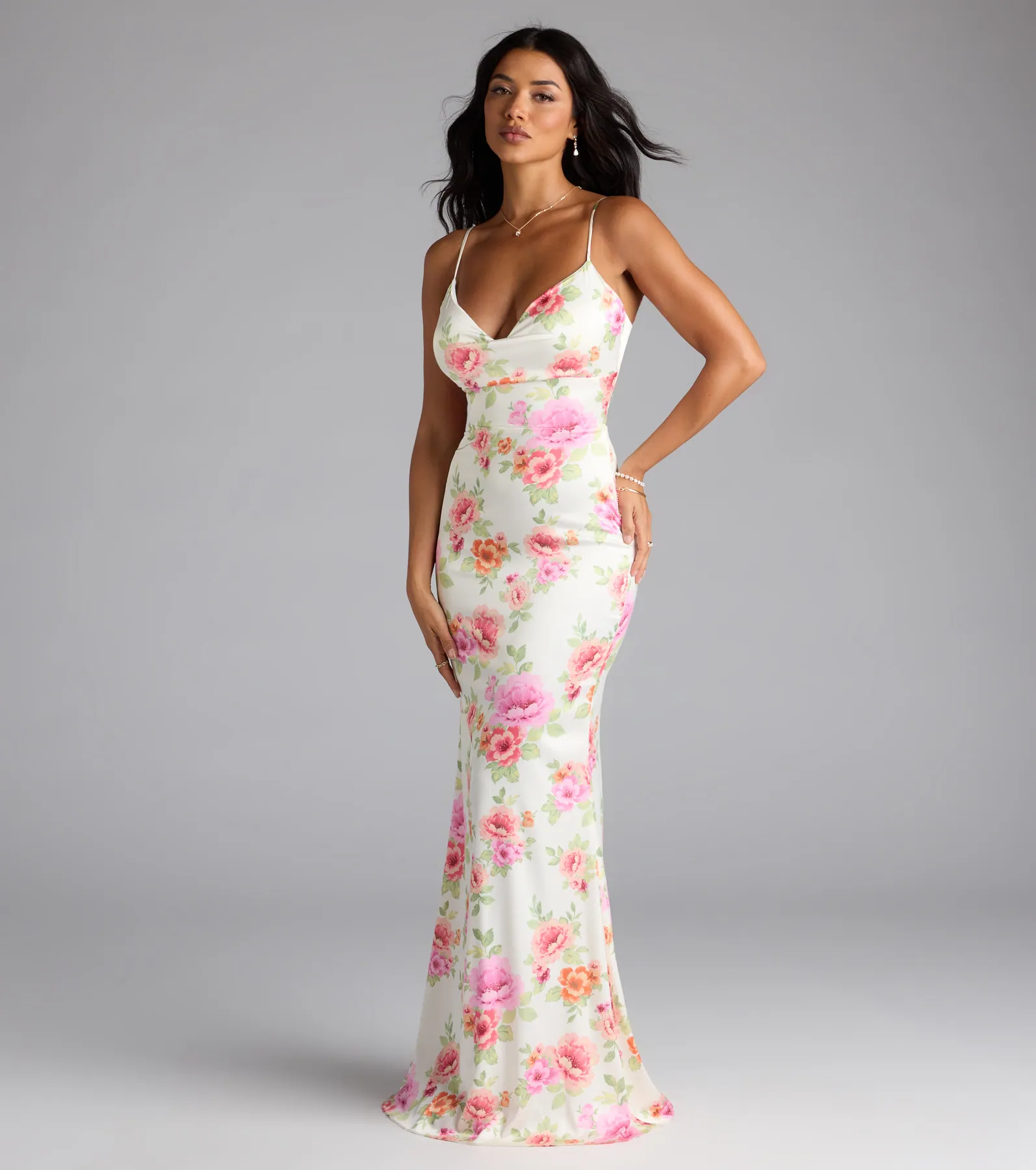 Emely Lace-Up Mermaid Floral Satin Formal Dress