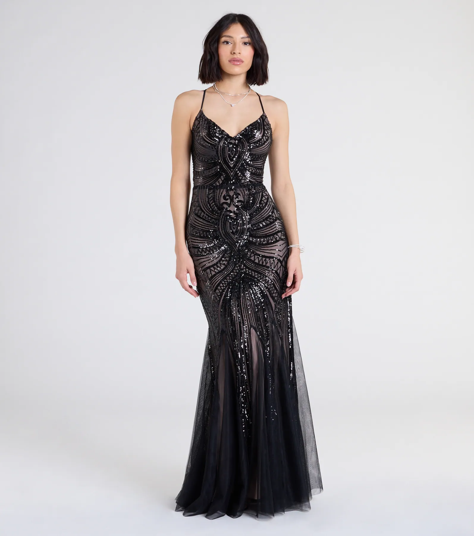 Brooke Lace-Up Mermaid Sequin Mesh Formal Dress