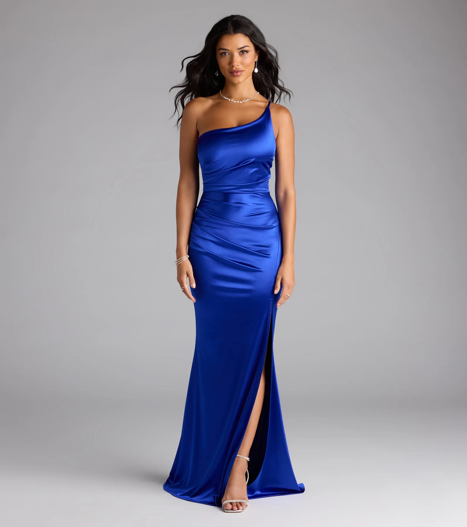 Contessa One-Shoulder Slit Satin Formal Dress