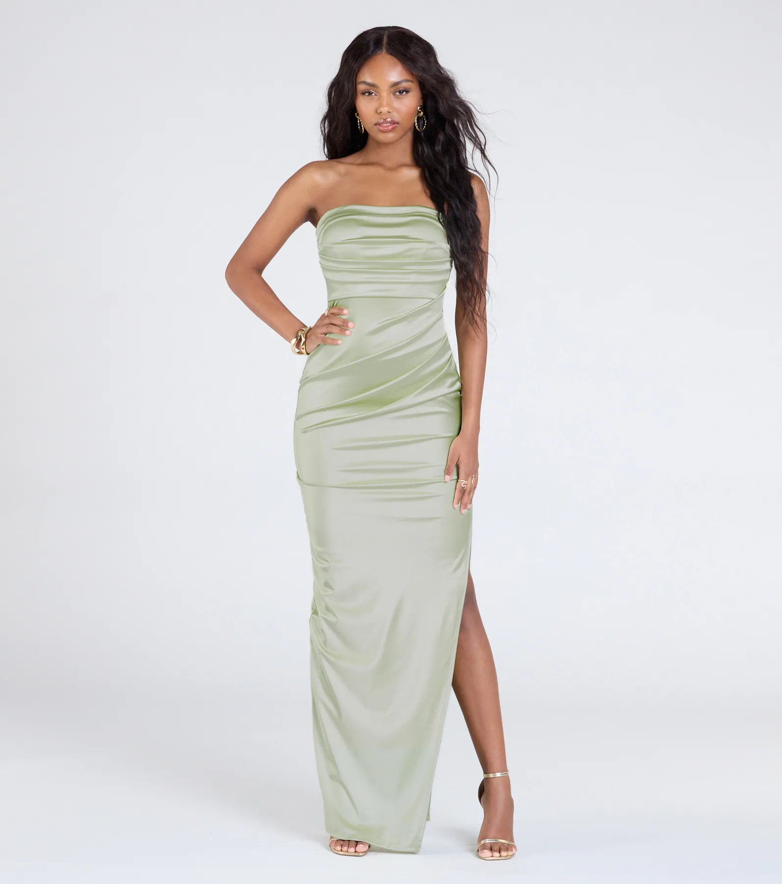 Brianna Satin Strapless High Slit Column Dress