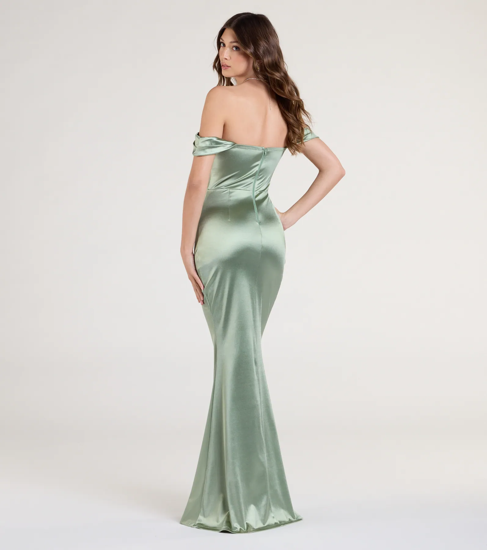 Belinda Off-The-Shoulder Slit Satin Formal Dress
