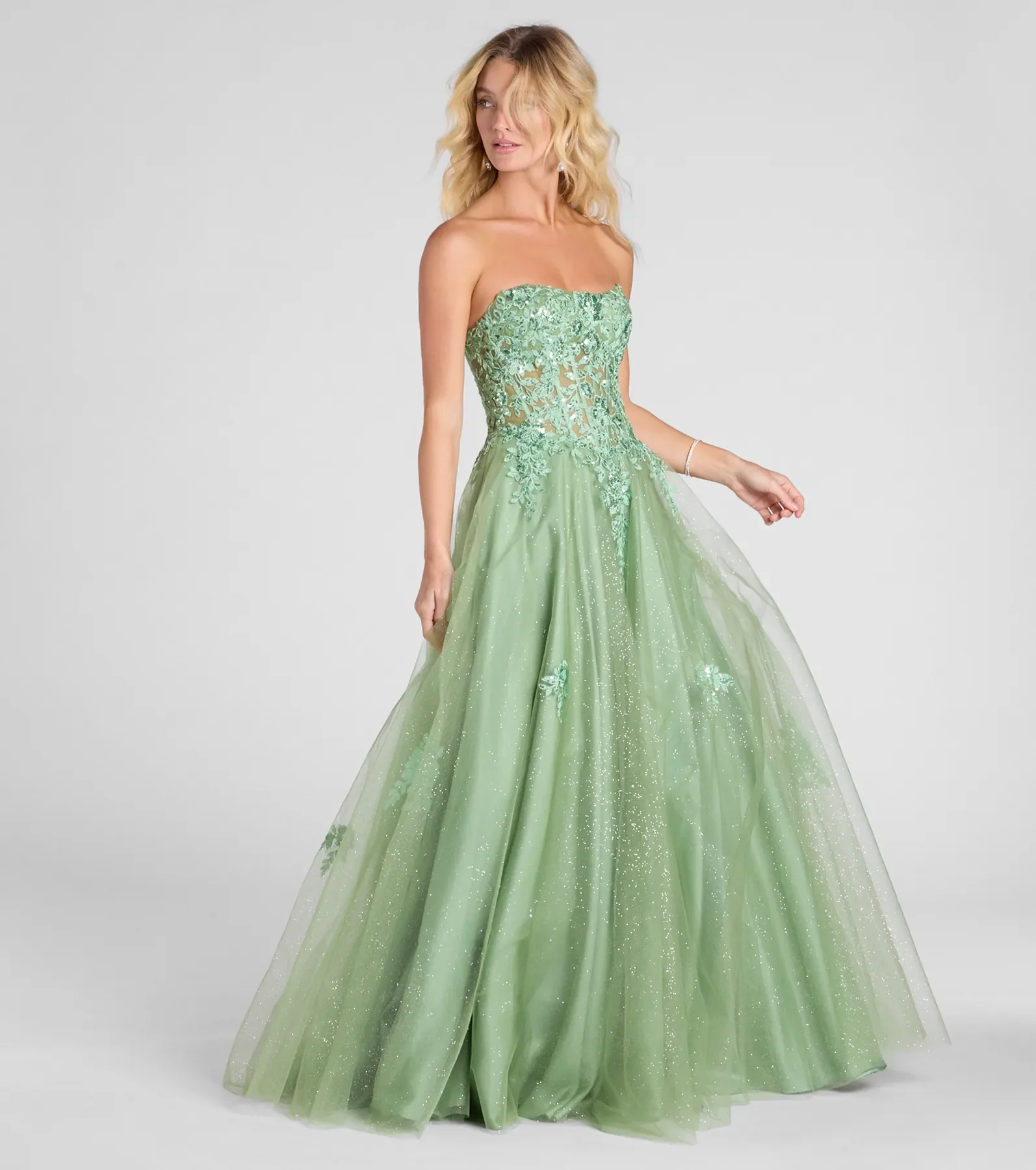 Petra Sequin Floral Applique Glitter Tulle Gown