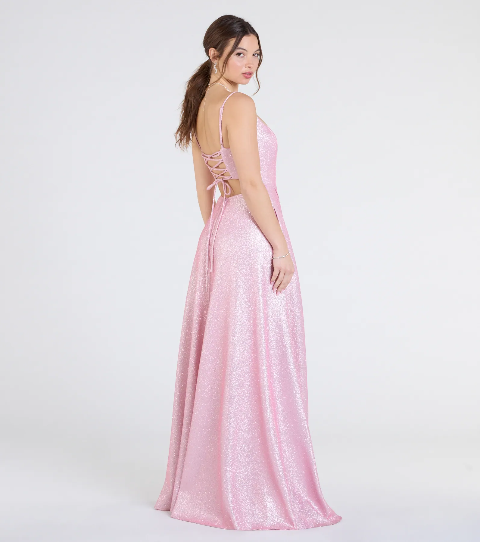 Minka Lace-Up Slit A-Line Glitter Formal Dress