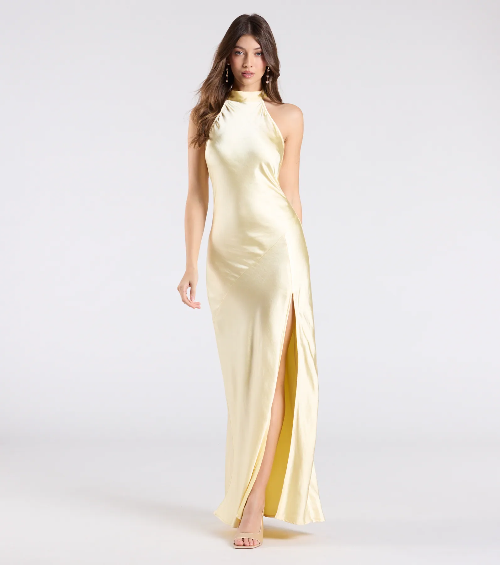 Andie Halter Open Back Slit Satin Formal Dress