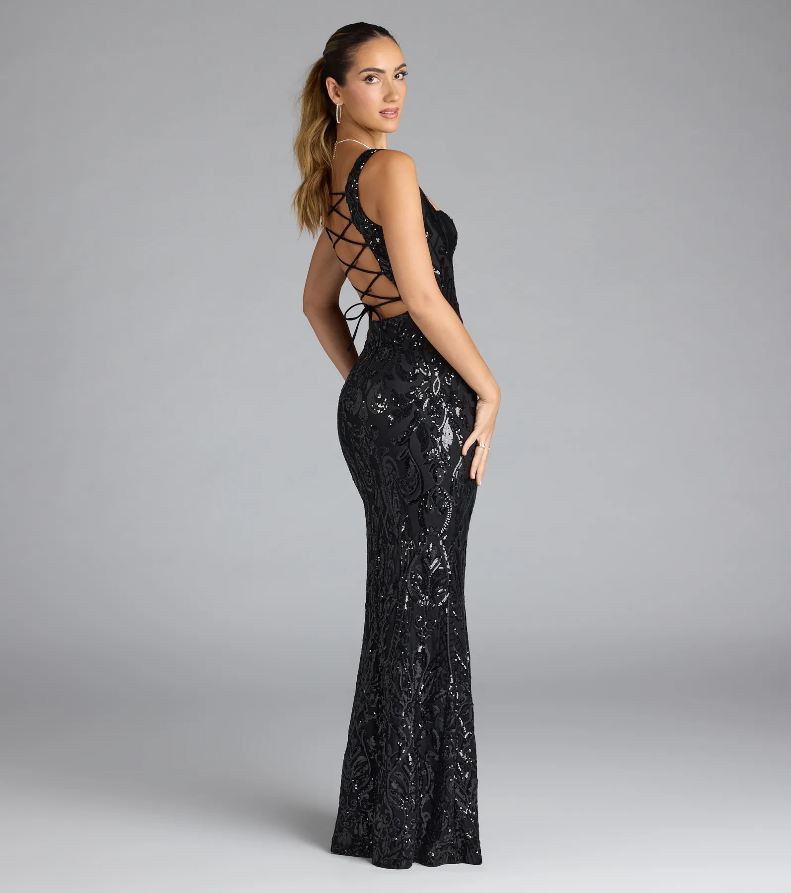 Taylor Lace-Up Slit Sequin Formal Dress