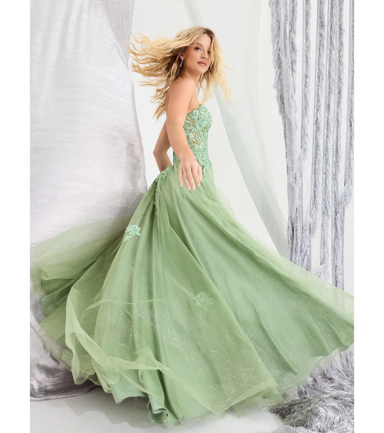 Petra Sequin Floral Applique Glitter Tulle Gown