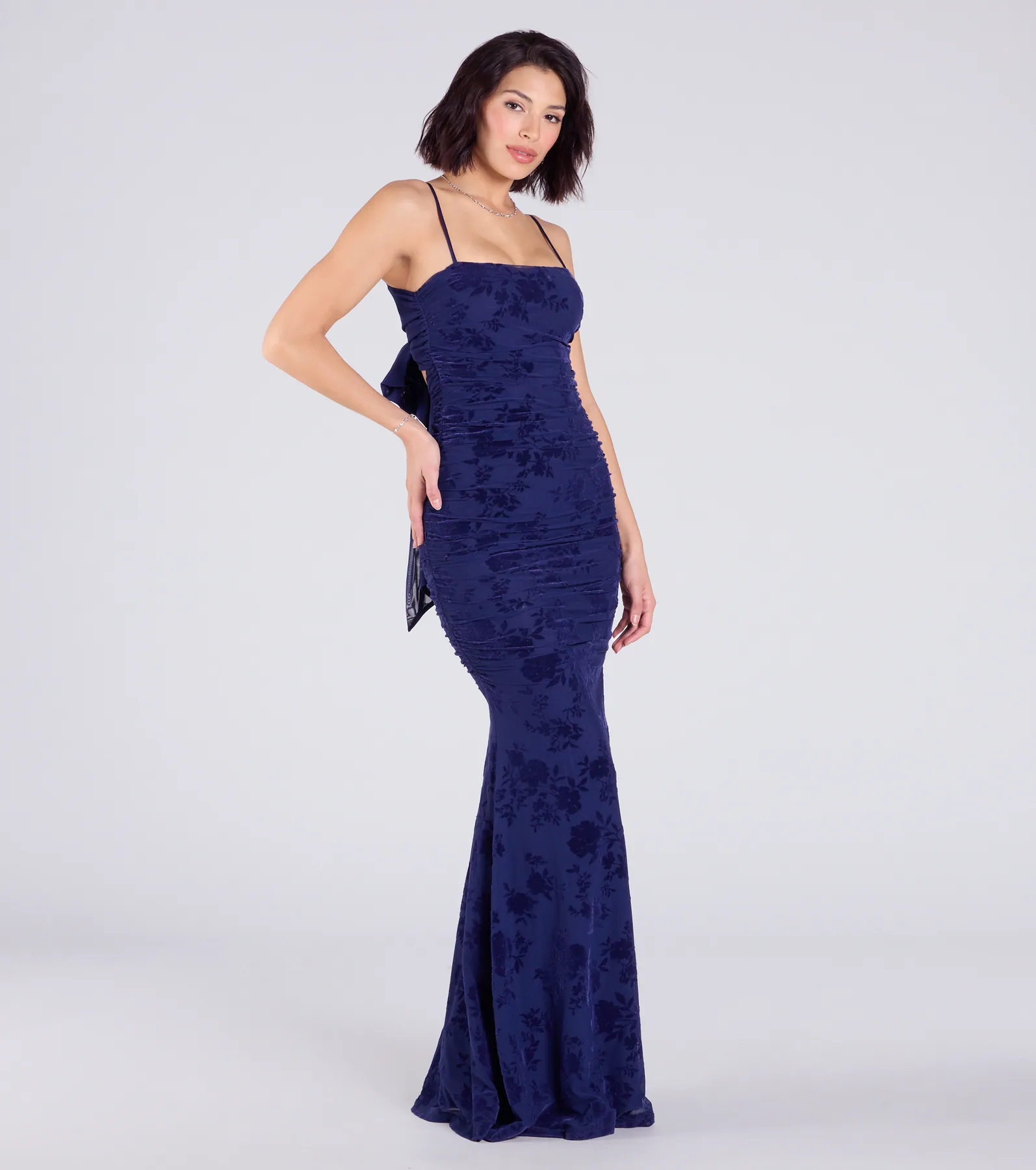Jaymie Tie-Back Floral Velvet Mermaid Formal Dress