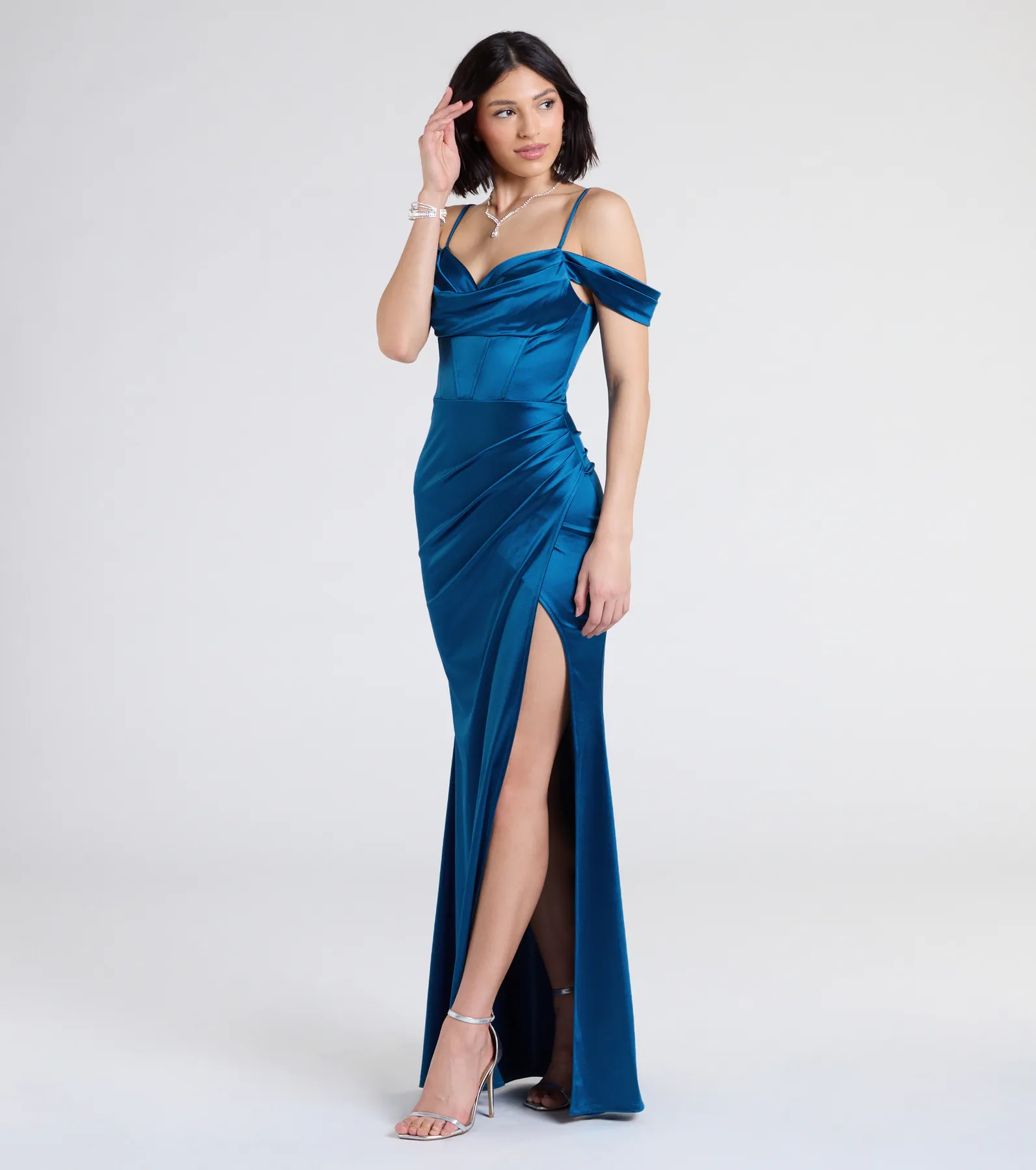 Trista Cold Shoulder Slit Satin Formal Dress