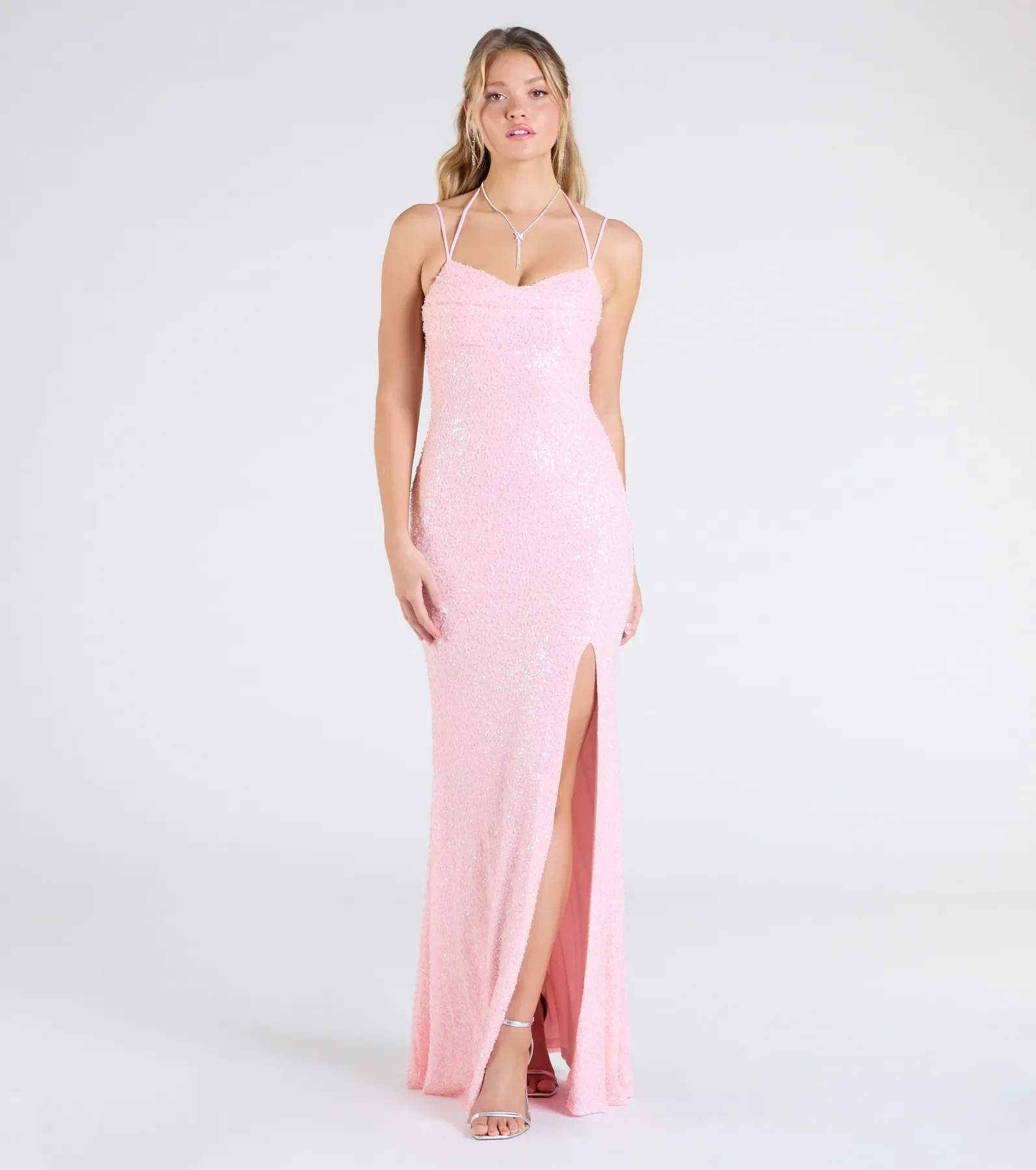 Kaitlyn Cowl Neck Slit Beaded Sequin Formal Dress