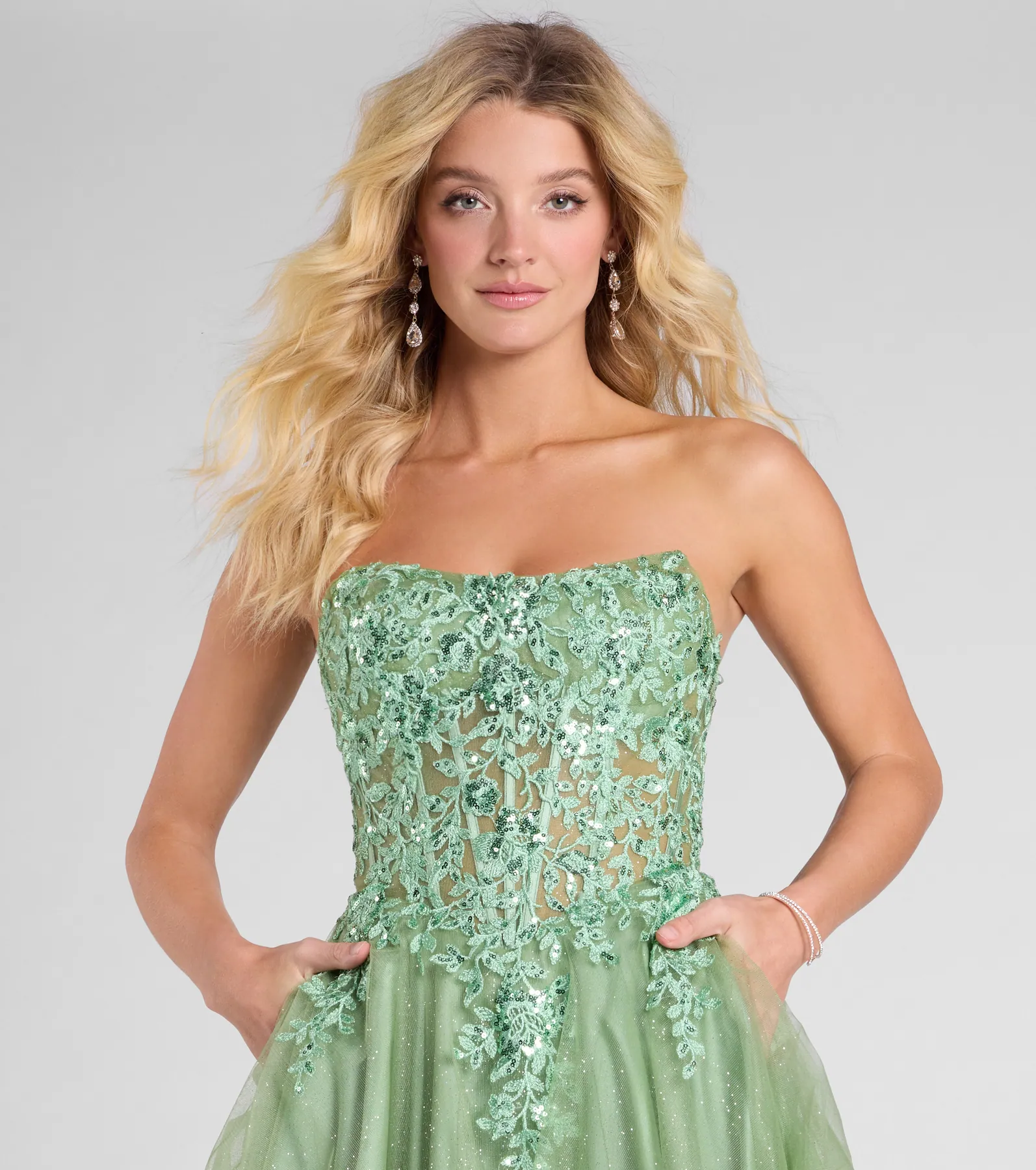 Petra Sequin Floral Applique Glitter Tulle Gown
