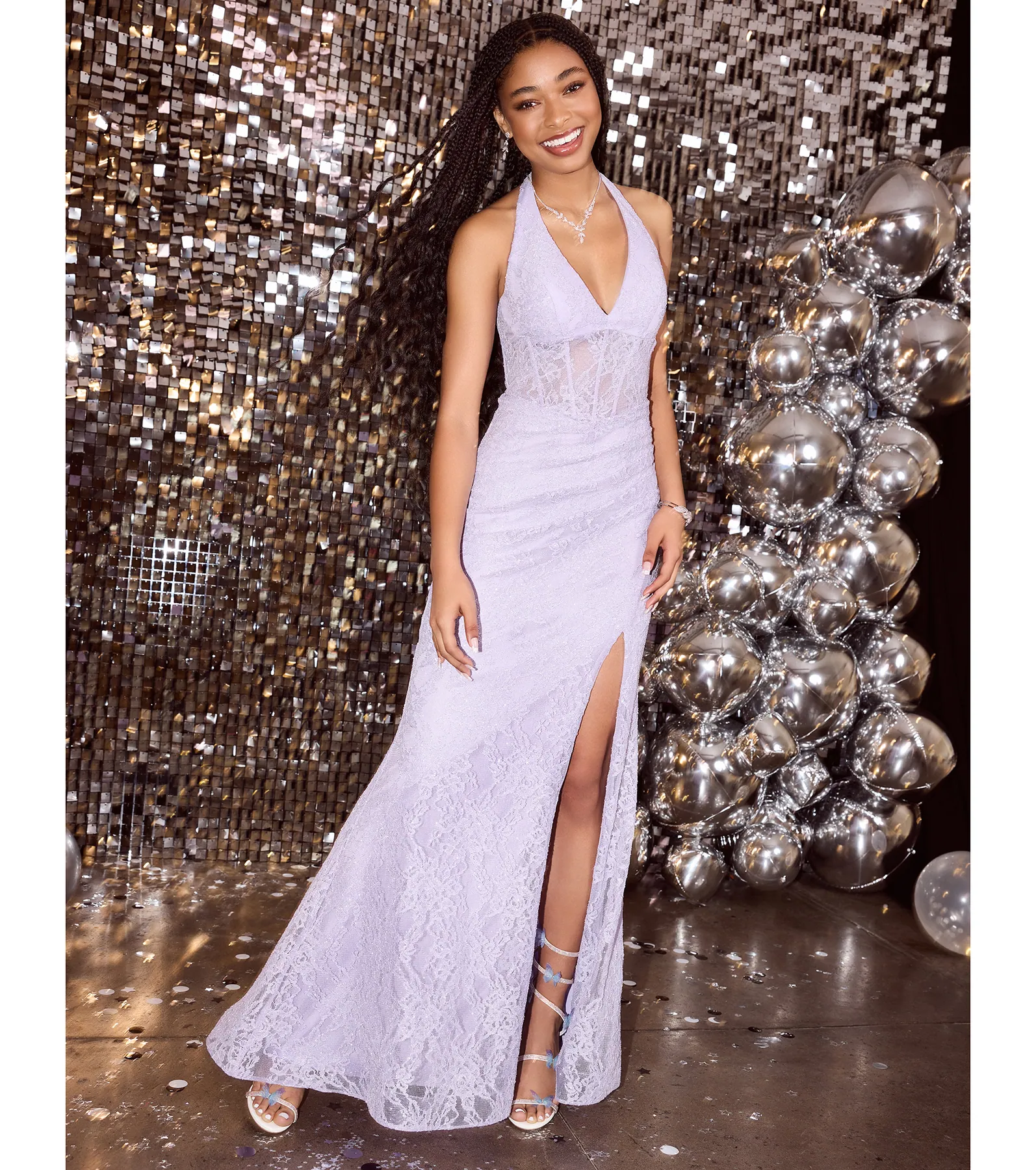 Cadie Halter Corset Slit Lace Formal Dress