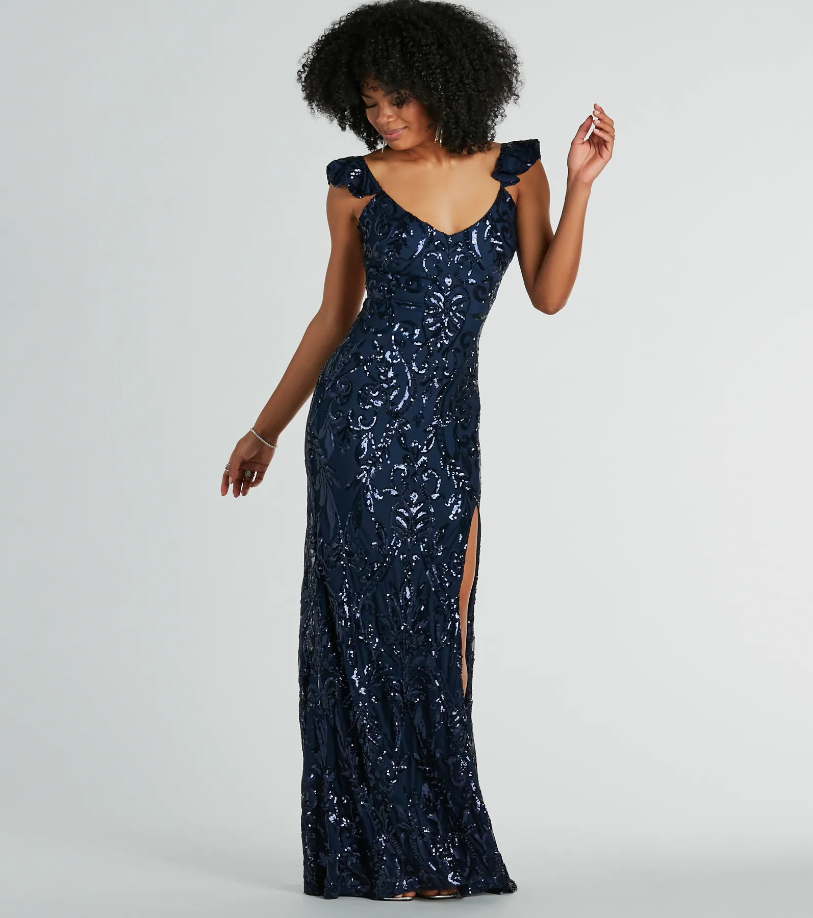 Estella V-Neck Column Long Sequin Formal Dress