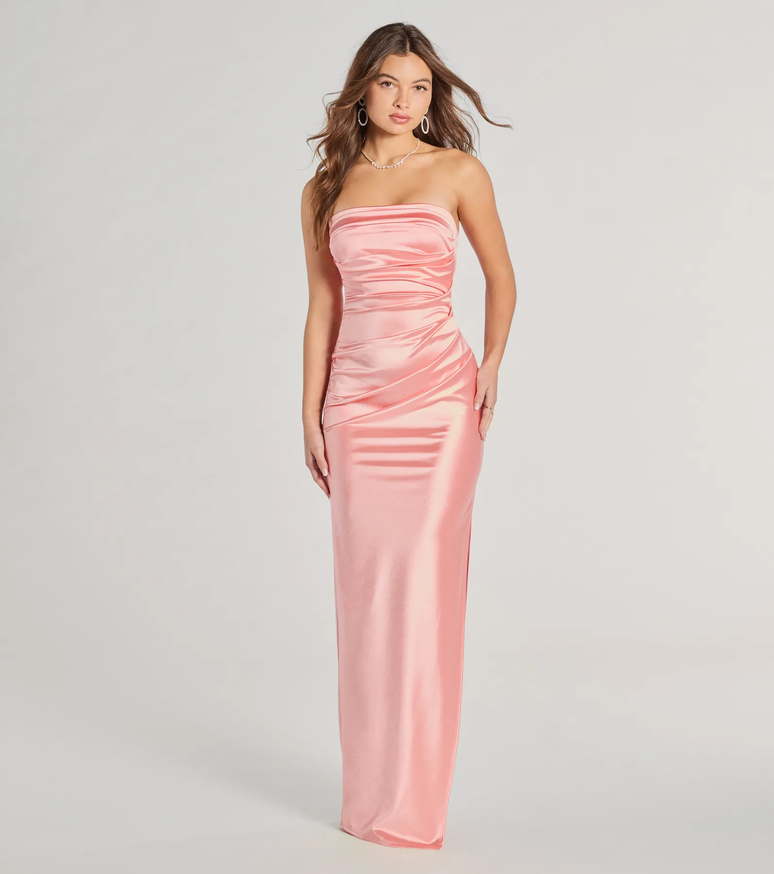 Brianna Satin Strapless High Slit Column Dress