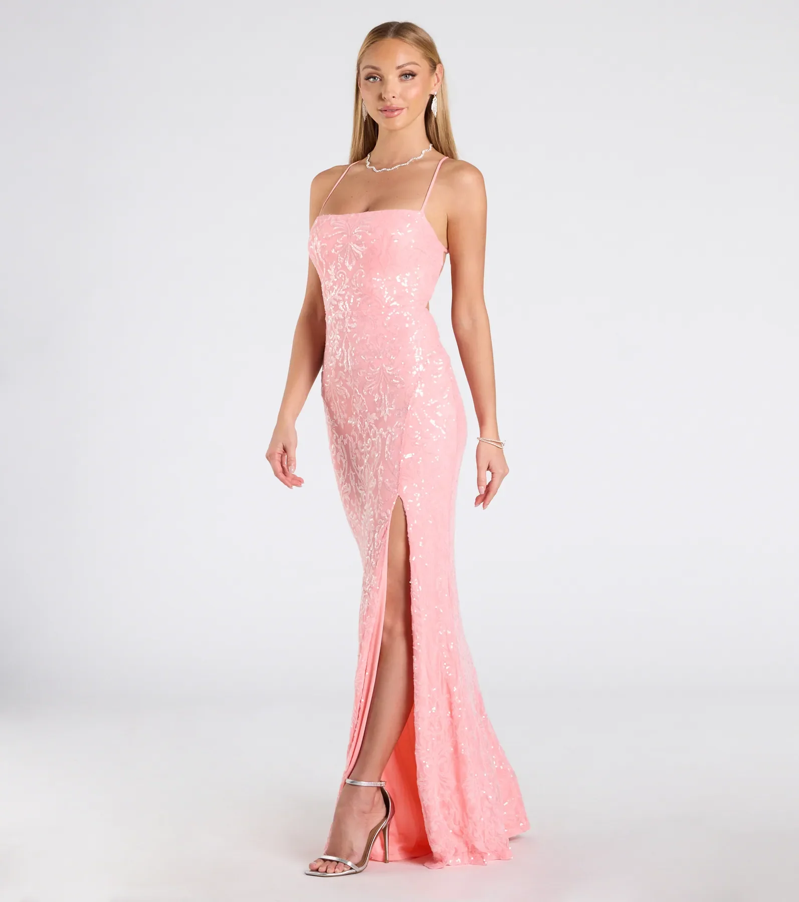 Mariah Lace-Up Slit Sequin Formal Dress