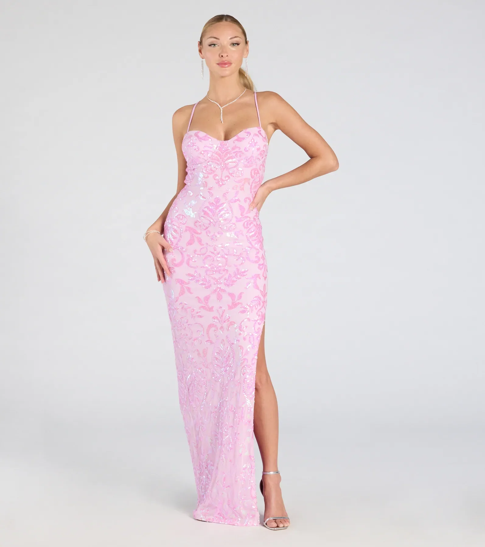 Zadie Lace-Up High Slit Sequin Formal Dress