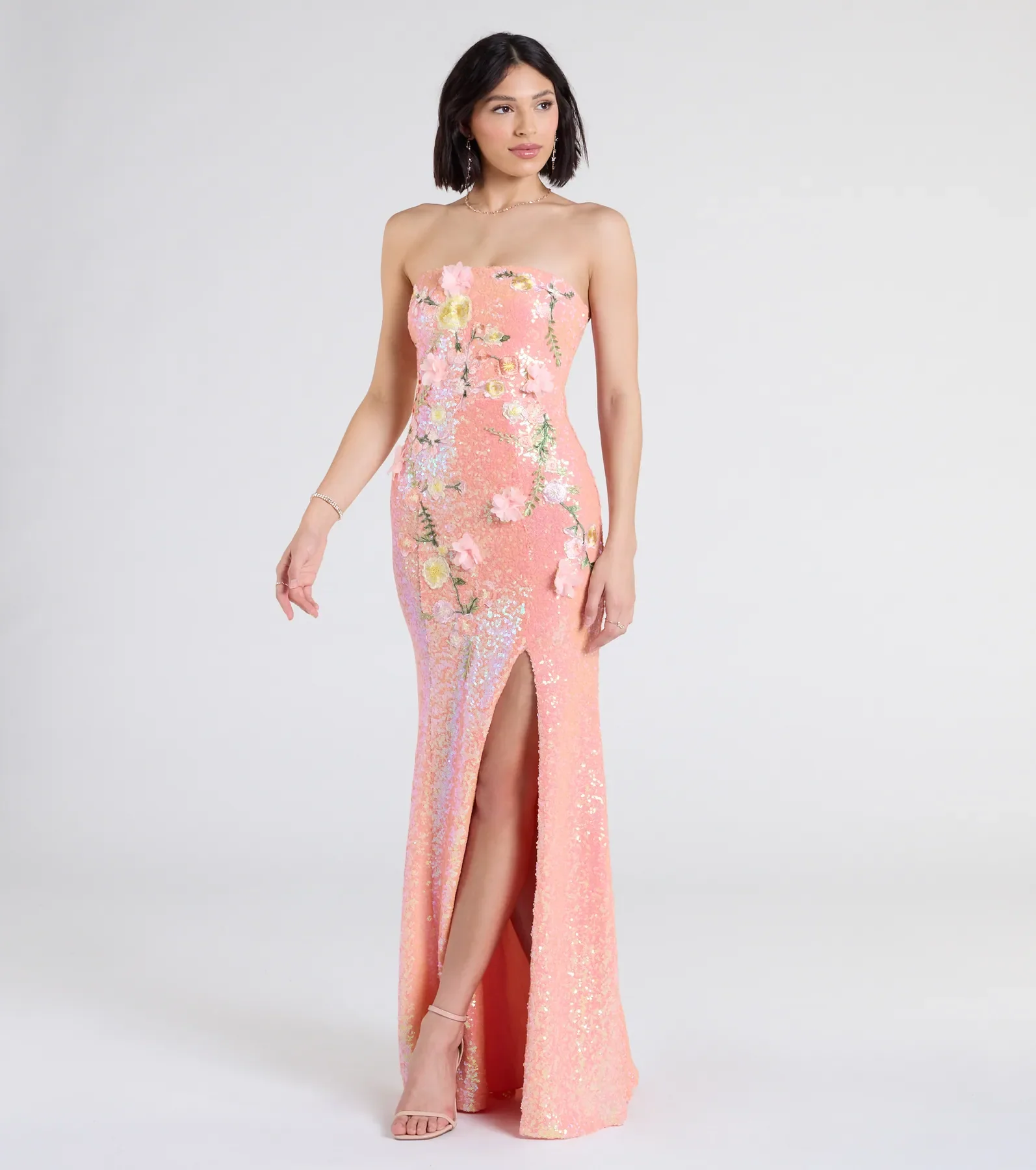 Minerva Strapless Floral Sequin Formal Dress