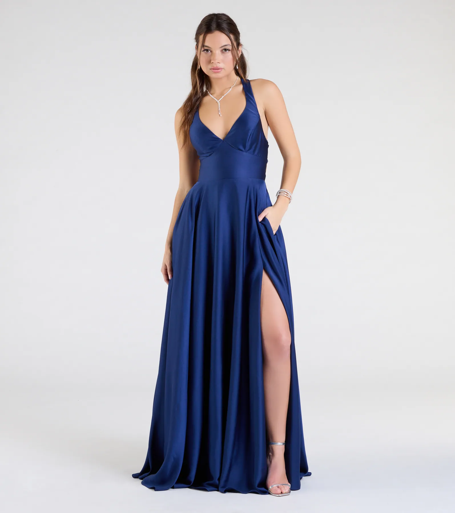 Abbey Lace-Up Slit A-Line Satin Formal Dress