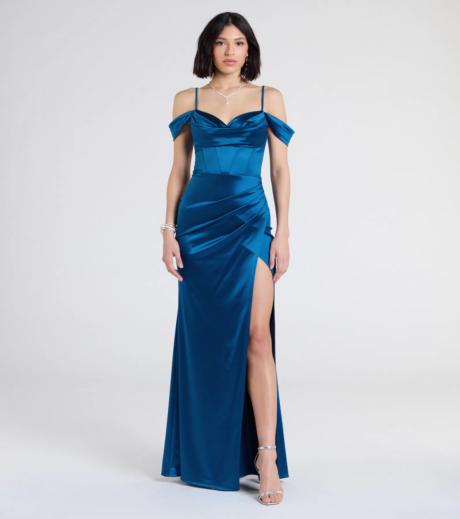 Trista Cold Shoulder Slit Satin Formal Dress