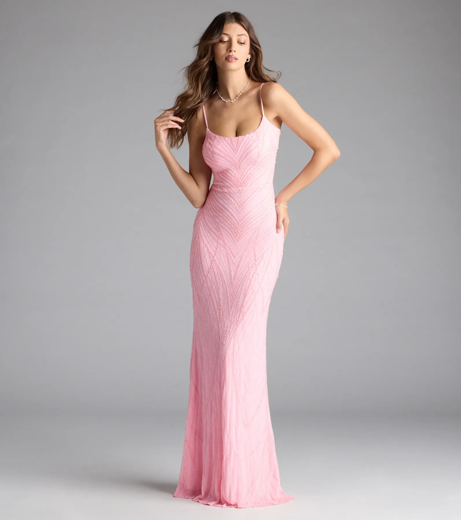 Betsey Lace-Up Mermaid Sequin Bead Formal Dress